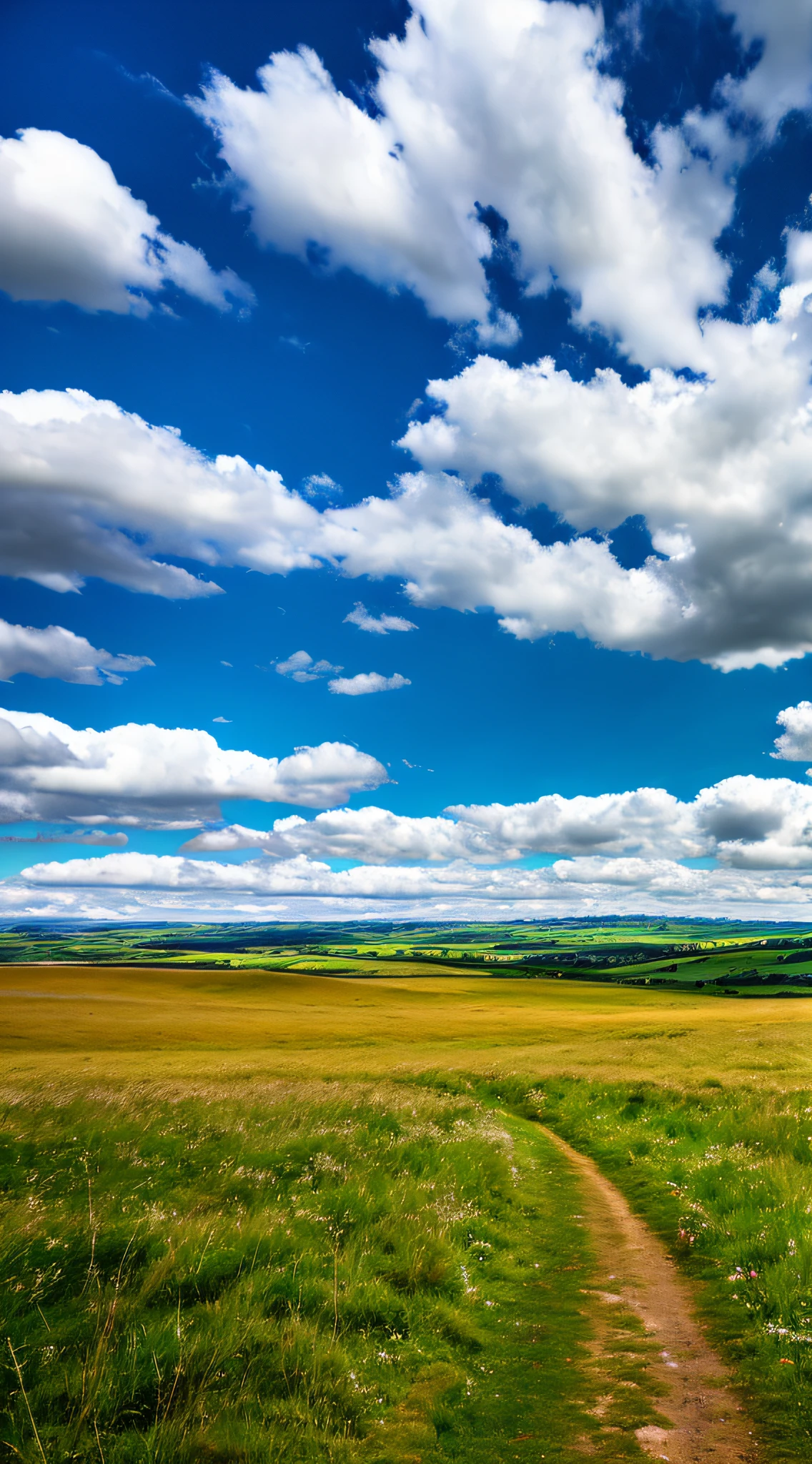 steppe landscape,blues sky and clouds, green forest, Dingdall effect,a country road,Colorful hot air balloons,high quality desktop wallpaper, verdant forest, detailed fields nature, beautiful english countryside, Stunning landscape, Rolling hills, Landscape wallpaper, lush countryside, Patches of green forest, breathtaking landscape, green fields in the background, High quality wallpaper, Beautiful wallpaper