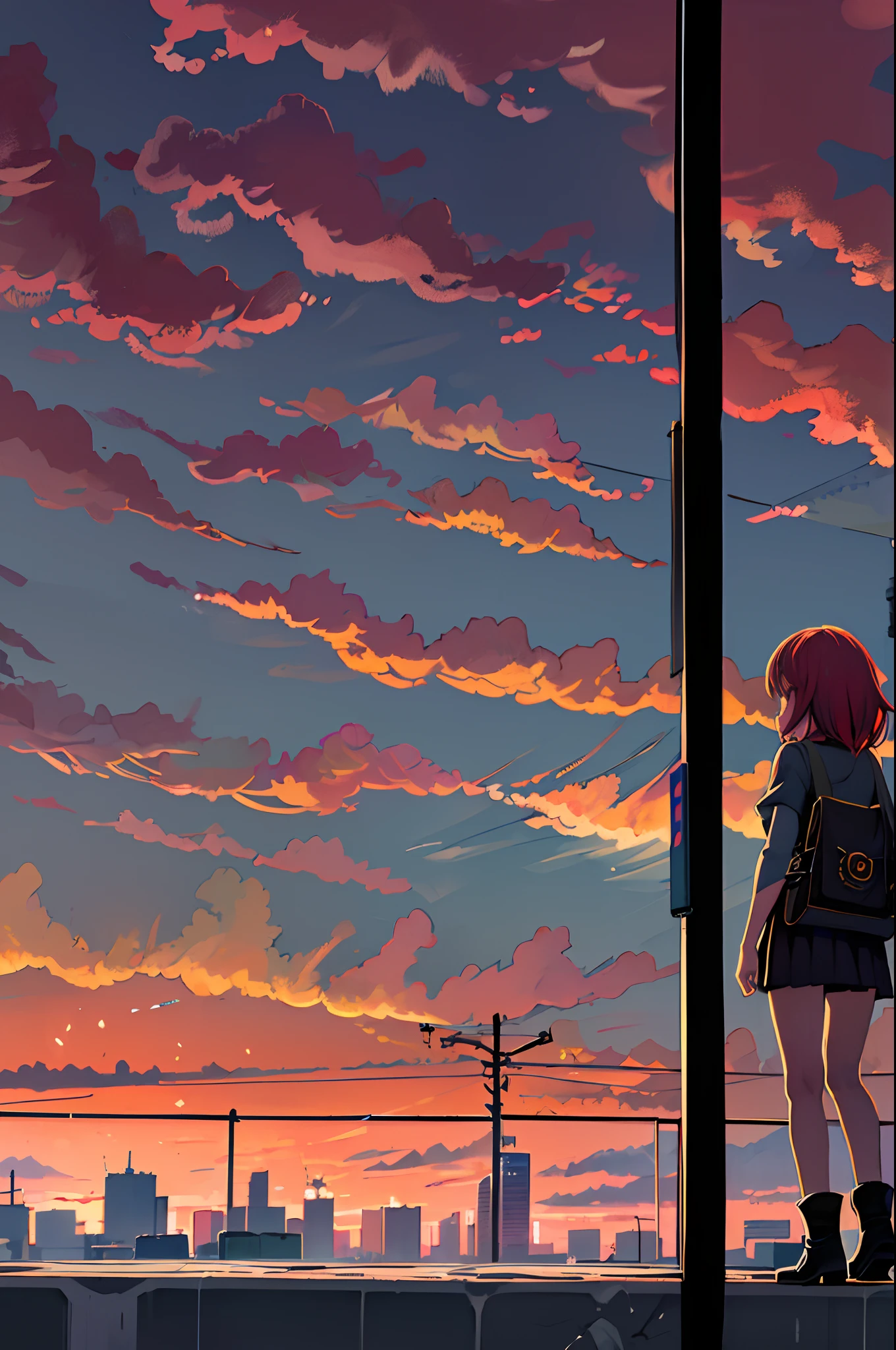 ((Best Illustration)) Brazilian girls, Red hair, age body, Black top, Black tight skirt, black boots, Urban landscape, building, sky line, Sunset, Silhouette against the background of clouds, Contemplative. Lori、Young children