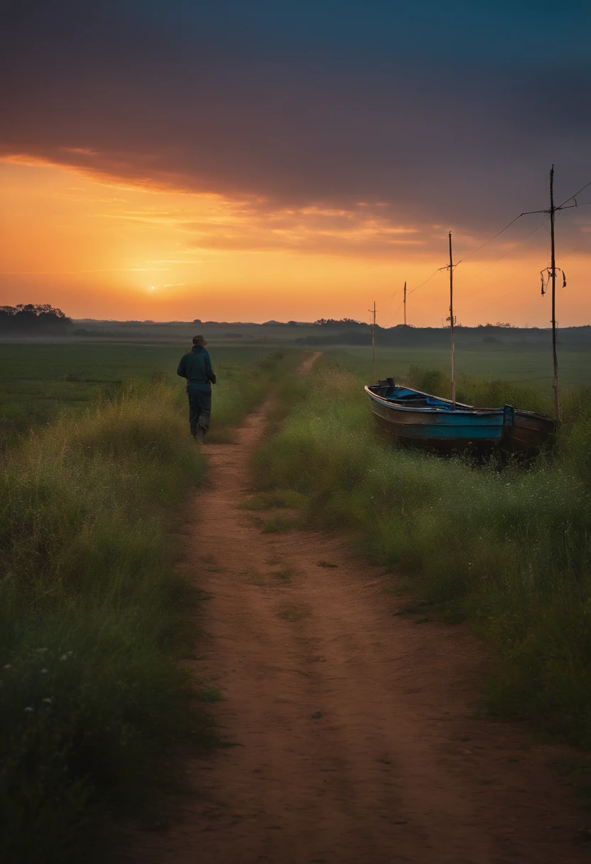 Background, Night, dirt road, The man with an unusual appearance looked back, Barbed wire on one side, Bushes on the other side, Moor fishing boats.