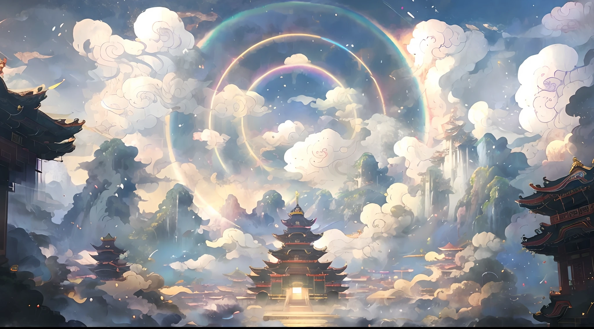Anime scenery of temples with rainbows in the sky, ross tran. scenery background, (Chinese style background), G Liulian art style, Cloud Palace, Temple background, trending on cgstation, floating lands in-clouds, Chinese fantasy, Magic portal in the sky, by Yang J, Onmyoji detailed art, Anime landscape concept art, Anime Cloud