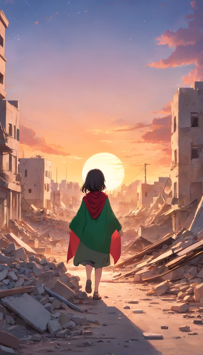 palestine flag, sunset, stars, Palestine earthquake, one little hijab girl from behind waving Palestine flag looking at rubble and destruction, somber, hope, Palestine flag, hijab, muslim