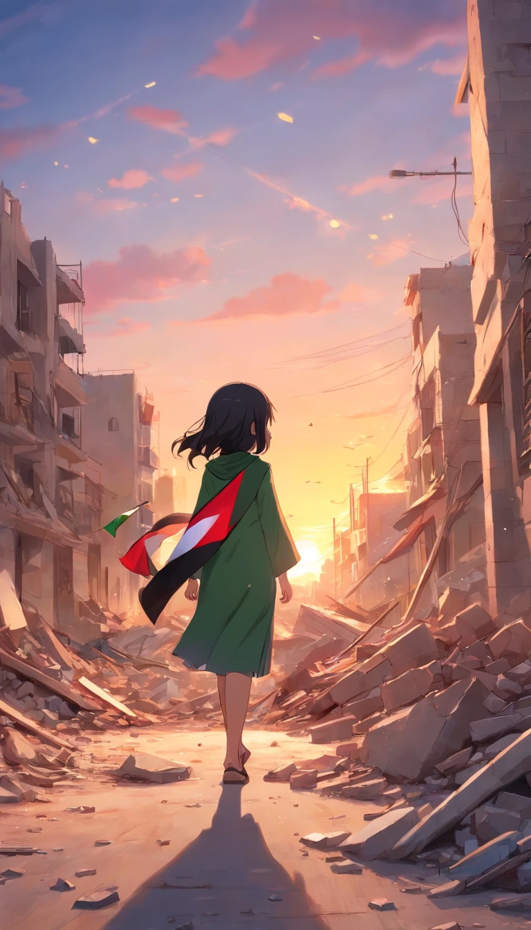 palestine flag correctly, dramatic sunset and cloudy, stars, Palestine earthquake, one  using hijab from behind hold a waving Palestine flag looking at rubble and destruction, somber, hope, Palestine flag, hijab, muslim, hundreds of rocket in the sky