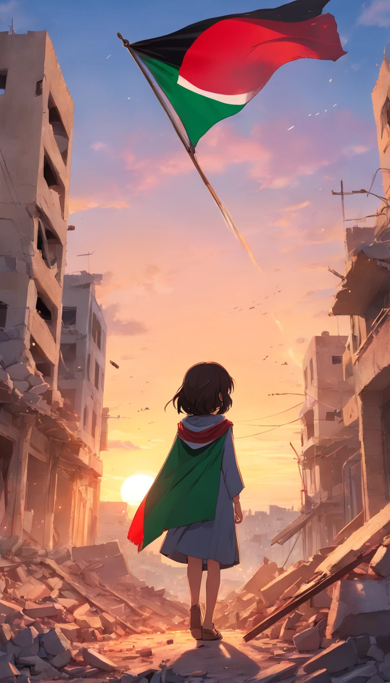 palestine flag, sunset, stars, Palestine earthquake, one little hijab girl from behind waving Palestine flag looking at rubble and destruction, somber, hope, Palestine flag, hijab, muslim