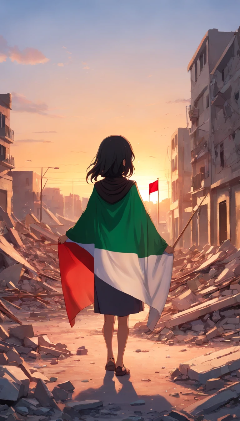 palestine flag, sunset, Palestine earthquake, one little hijab girl from behind waving Palestine flag looking at rubble and destruction, somber, hope, (masterpiece:1.1) (best quality) (detailed) (intricate) (8k) (HDR) (cinematic lighting) (sharp focus:1.1), Palestine flag, hijab, muslim