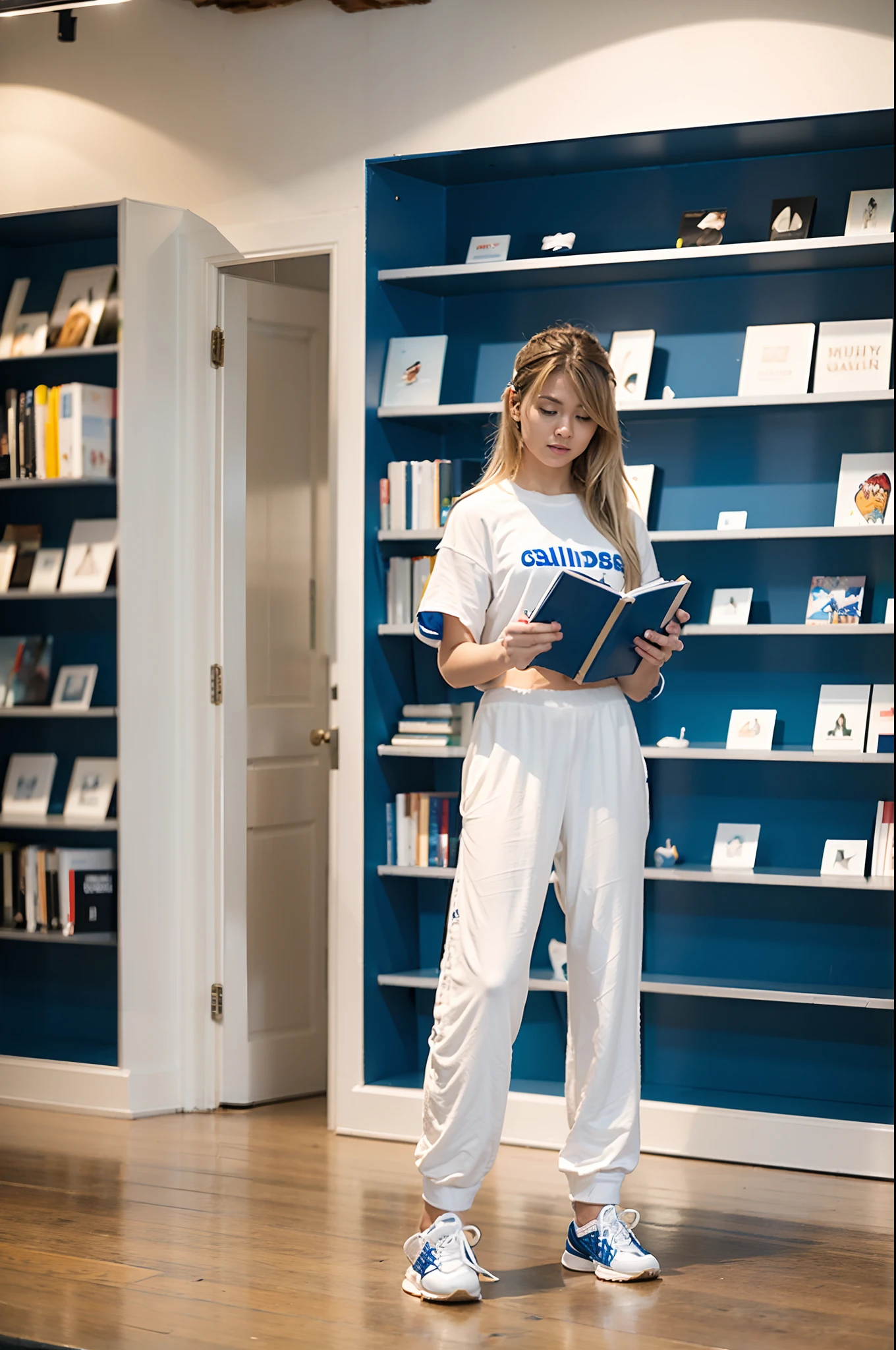 Large white wide pants、Wear headphones、Take your eyes off、Depiction of looking into a shelf、Pulling photo、Blue Adidas Sports Jersey、Posing with movement、a blond、Depiction of choosing a book in a bookstore、Theme from the side、Young European beauties、White sneakers