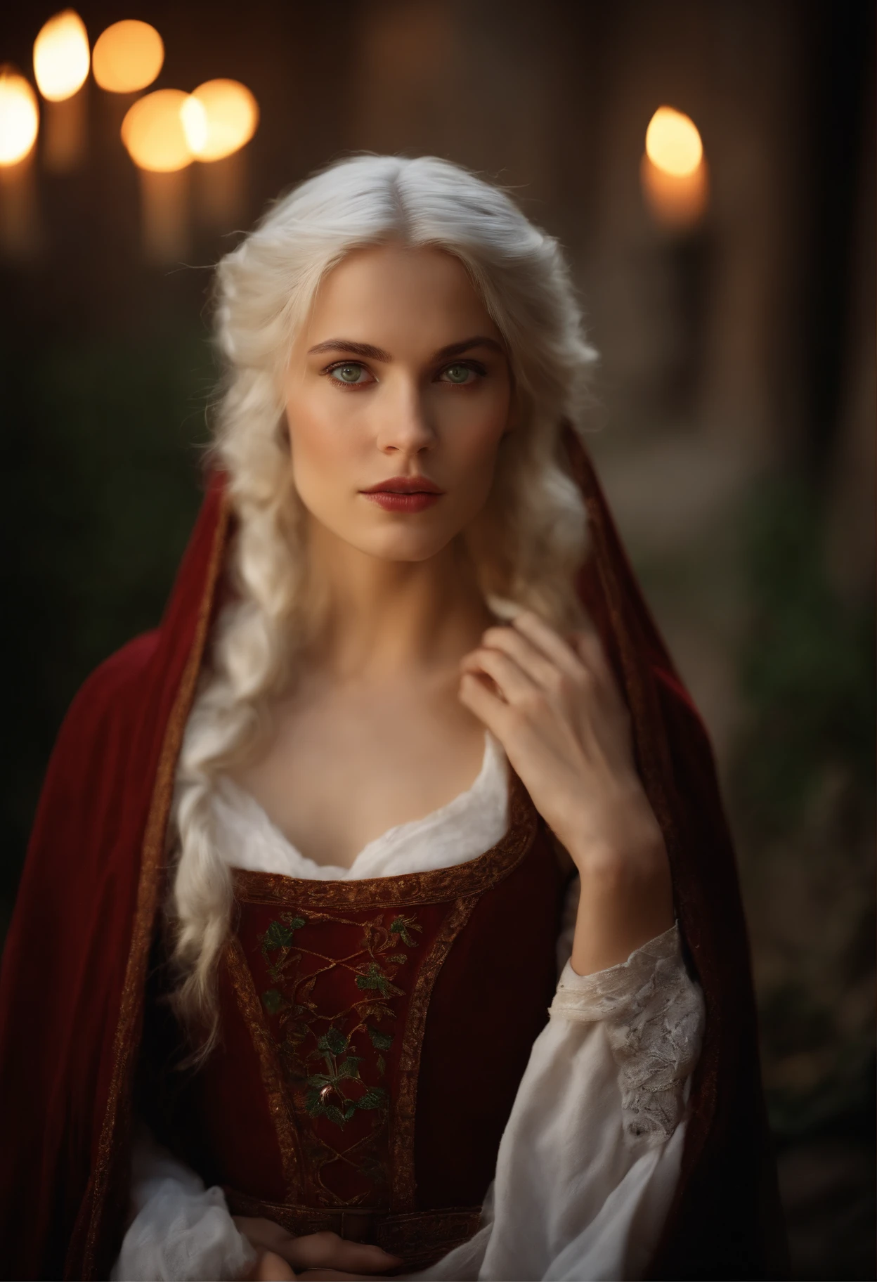 (((a deep reddish wound crosses her left cheek))) fair complexion, woman around 19 years old, natural white hair, distinctive green eyes, wearing kohl, slender and graceful, beautiful, candlelight in a medieval setting, ultra sharp focus, realistic shot, medieval female clothes, tetradic colors (scar:1.4)