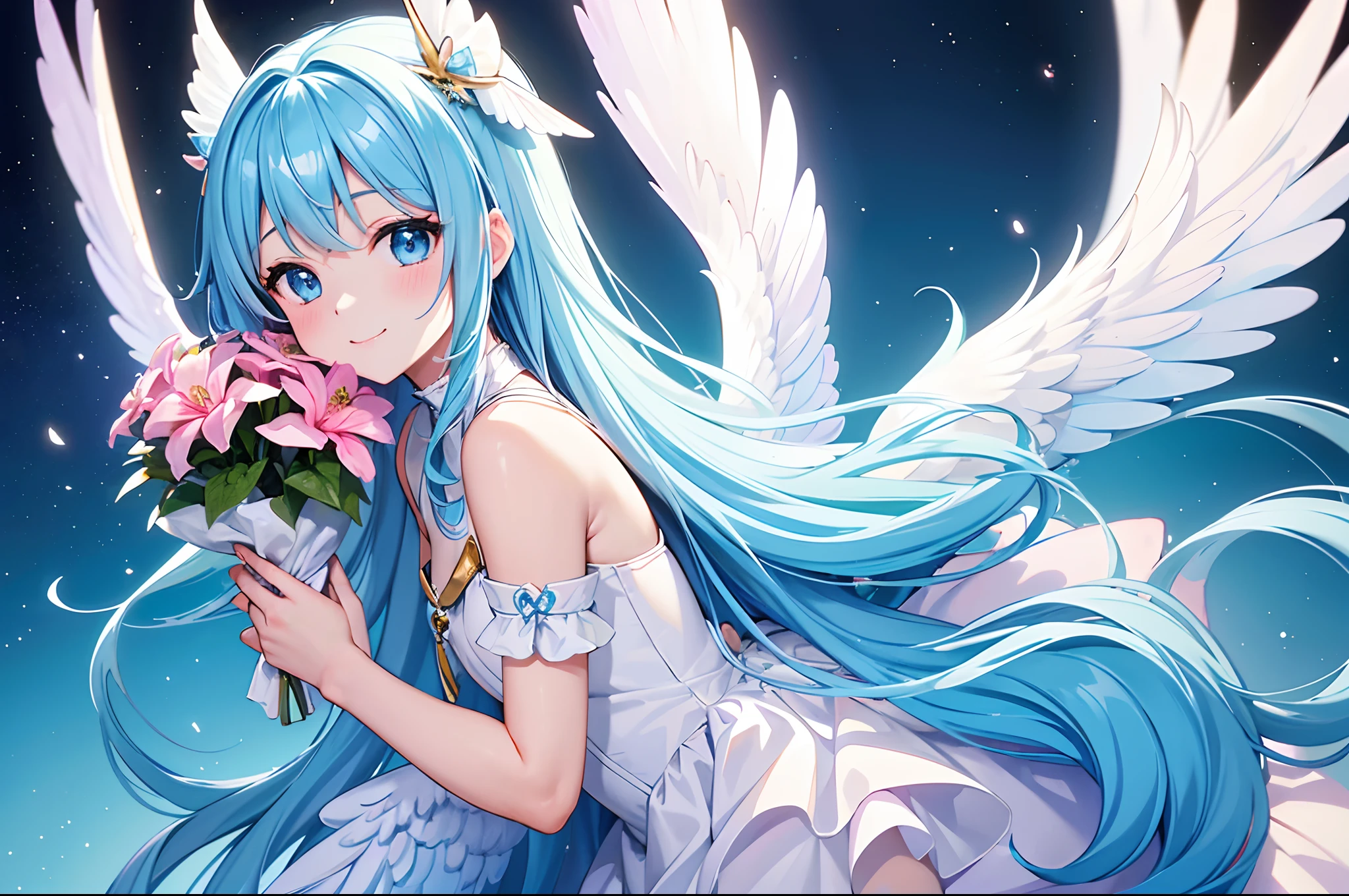 Angel wings shining in seven colors、Kawaii Girl、adorable smiling、Light blue long hair、Twin-tailed、Colorful angel costume、((top-quality))、((​masterpiece))、(ighly detailed、highestdetailed、Official art、Beautifully Aesthetic:1.2)