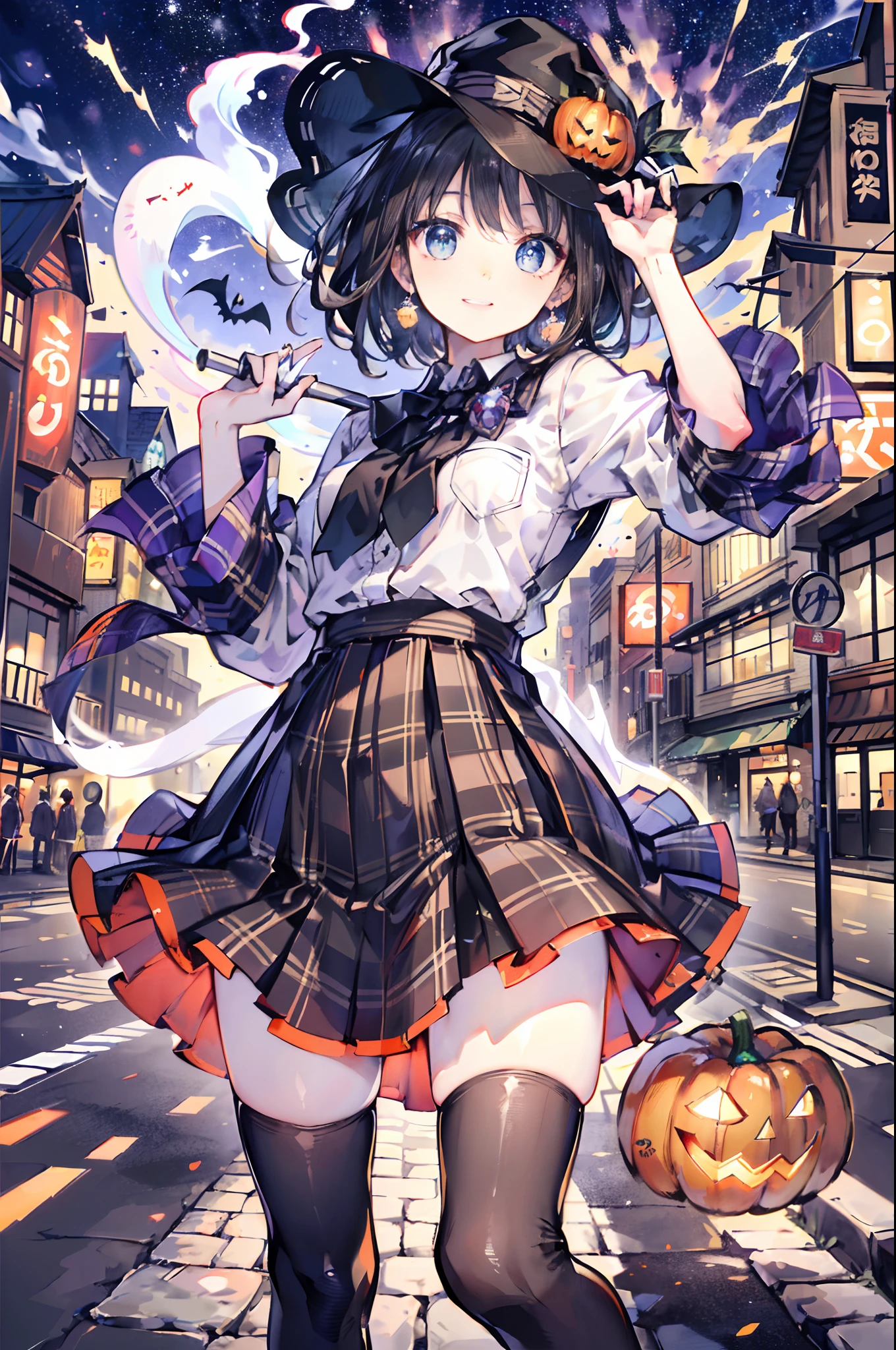 (top-quality、in 8K、32K、​masterpiece、nffsw、超A high resolution、Impresionismo、Photorealsitic:1.2)、cowboy  shot、foco nítido、detailed faces and eyes、(Tokyo at night、Halloween Decorations、The ghost is flying、Ghost pumpkin、Very colorful、Brightly colored sky:1.2)、(Very colorful night sky、Colorful ghosts flying in the sky)、Sharp pupils、Realistic pupils、beauitful face、blurry backround、18 year old beautiful girl、shinny skin、Bery short hair、Beautiful dark brown hair、Blunt bangs、Dark blue eyes、Wizard Hat、cloaks、Shirt、Halloween tie、Plaid miniskirt、Black socks、(Holding a skirt in your right hand、Lifting skirt:1.3)、(Raise your left arm)、(Happy expression on face:1.2)、dynamicposes