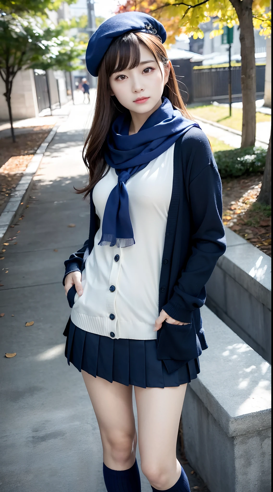 mix4, (16 K, Raw photography, Top image quality, masterpiece: 1.45), (realisitic, Photorealsitic: 1.37), one girls, Random hairstyle、Standing figure,Morning time slot、a very cute,a park,Trees with autumn leaves, profetional lighting, photon maping、physically-based renderingt, Gradient dark brown hair,, a handsome, Well-groomed and beautiful eyes、Large double eyelids、Very shiny、girl with, (((student clothes、Winter clothes、Sailor suit worn by Japan schoolgirl、cardigan、Navy blue sailor color、scarf、a miniskirt, Small beret、high socks、lowfers))), Top Quality Photos, hight resolution, 1080p, (clearface), (Detailed face description), (Detailed hand description), (masterpiece), (Exquisite CG)、extreme light and shadows、dishevled hair、master work、abundant detail、(Fine facial features)、(top quality photo)、(masuter piece)、(A detailed eye)、Looking at the camera、Fine clavicle、((Slender big))、(((Japan schoolgirl in sailor suit)))、((Ready Idol System))、((a park、Slide、The fountain、seesaw))、(((neat and cute)))、耳Nipple Ring、A big smile、Drawing the whole body from the knees、Do not draw nasolabial folds、(((Cute sailor suit)))、(Big breasts that hang down big:1.4)、Big buttocks with tension、Two arms and two legs、(((from the front side:0.2)))、bare hand、No mask、