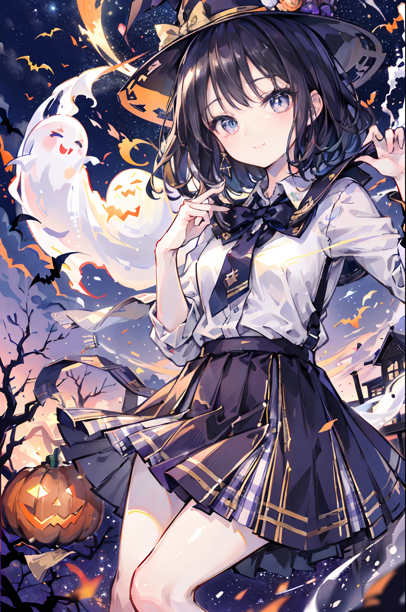(top-quality、in 8K、32K、masterpiece、nffsw、超A high resolution、Impresionismo、Photorealsitic:1.2)、cowboy shot、foco nítido、detailed faces and eyes、(Tokyo at night、Halloween Decorations、The ghost is flying、Ghost pumpkin、Very colorful、Brightly colored sky:1.2)、(Very colorful night sky、Colorful ghosts flying in the sky)、Sharp pupils、Realistic pupils、beauitful face、blurry backround、18 year old beautiful girl、shinny skin、Bery short hair、Beautiful dark brown hair、Blunt bangs、Dark blue eyes、Wizard Hat、cloaks、Shirt、Halloween tie、Plaid miniskirt、Black socks、(Holding a skirt in your right hand、Lifting skirt:1.3)、(Raise your left arm)、(Happy expression on face:1.2)、dynamicposes