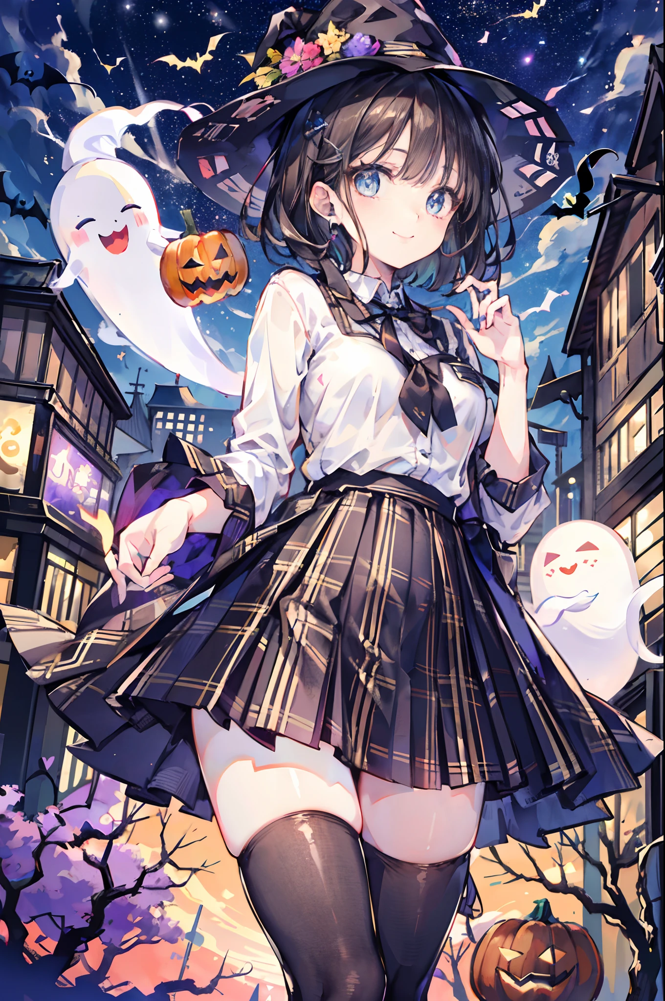 (top-quality、in 8K、32K、​masterpiece、nffsw、超A high resolution、Impresionismo、Photorealsitic:1.2)、cowboy  shot、foco nítido、detailed faces and eyes、(Tokyo at night、Halloween Decorations、The ghost is flying、Ghost pumpkin、Very colorful、Brightly colored sky:1.2)、(Very colorful night sky、Colorful ghosts flying in the sky)、Sharp pupils、Realistic pupils、beauitful face、blurry backround、18 year old beautiful girl、shinny skin、Bery short hair、Beautiful dark brown hair、Blunt bangs、Dark blue eyes、Wizard Hat、cloaks、Shirt、Halloween tie、Plaid miniskirt、Black socks、(Holding a skirt in your right hand、Lifting skirt:1.3)、(Raise your left arm)、(Happy expression on face:1.2)、dynamicposes