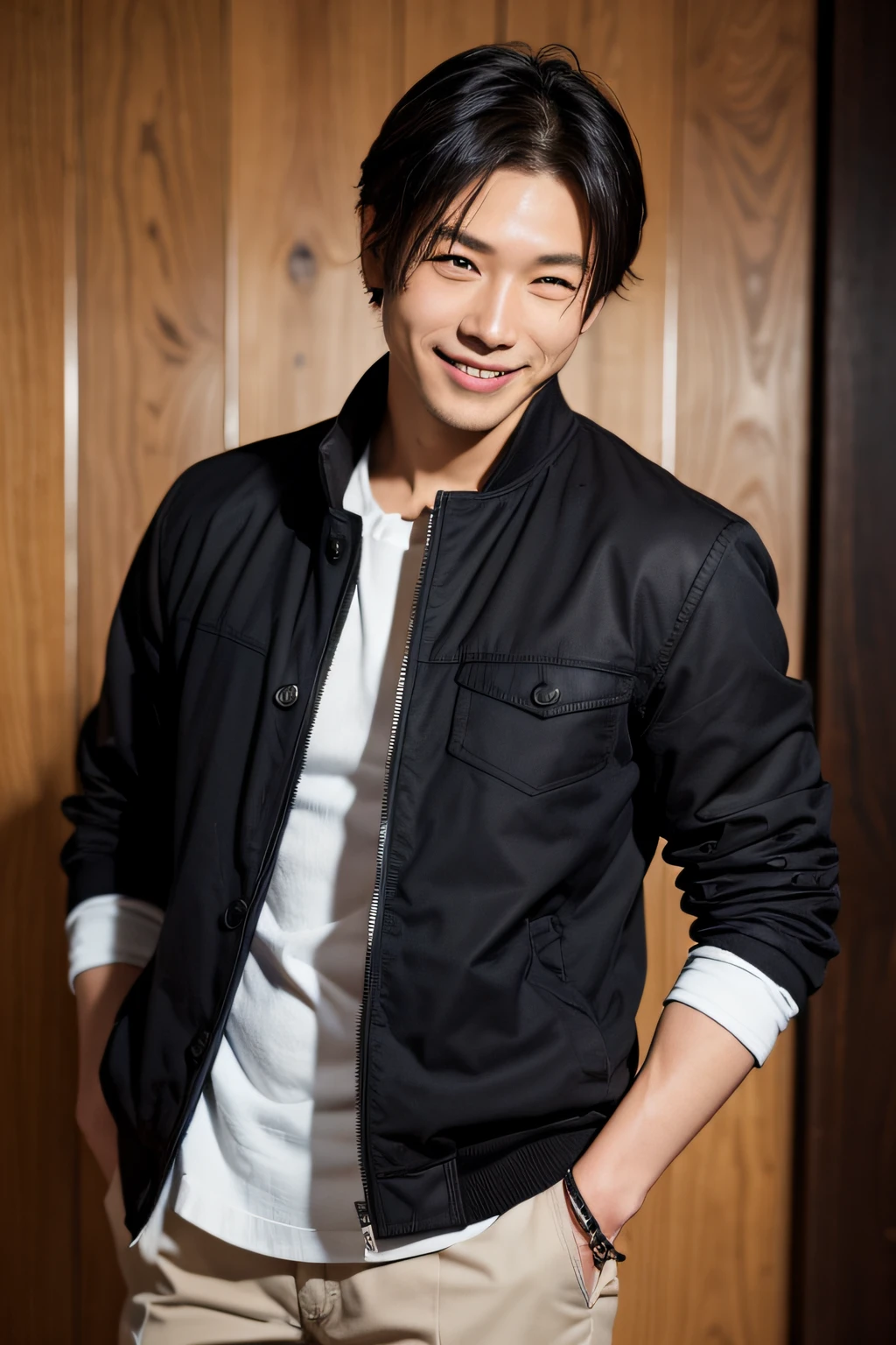 (masutepiece, Best Quality:1.2), Cowboy Shot, Solo, Male Focus, 1boy, gojo satoru, Smile, Hands in pockets, Blindfold, Black jacket