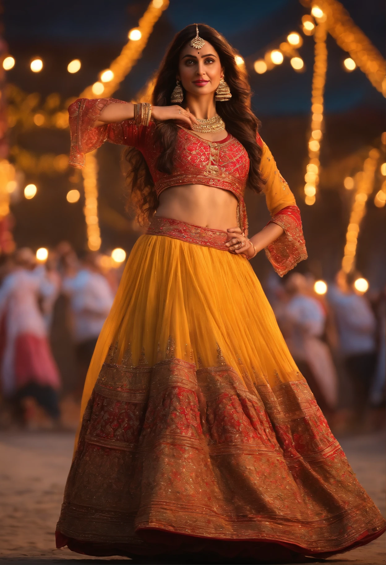 Joyce Byers wearing ghagra and choli, playing dandiya, in festival, hyperrealistic, 8k image , potrait, close shot