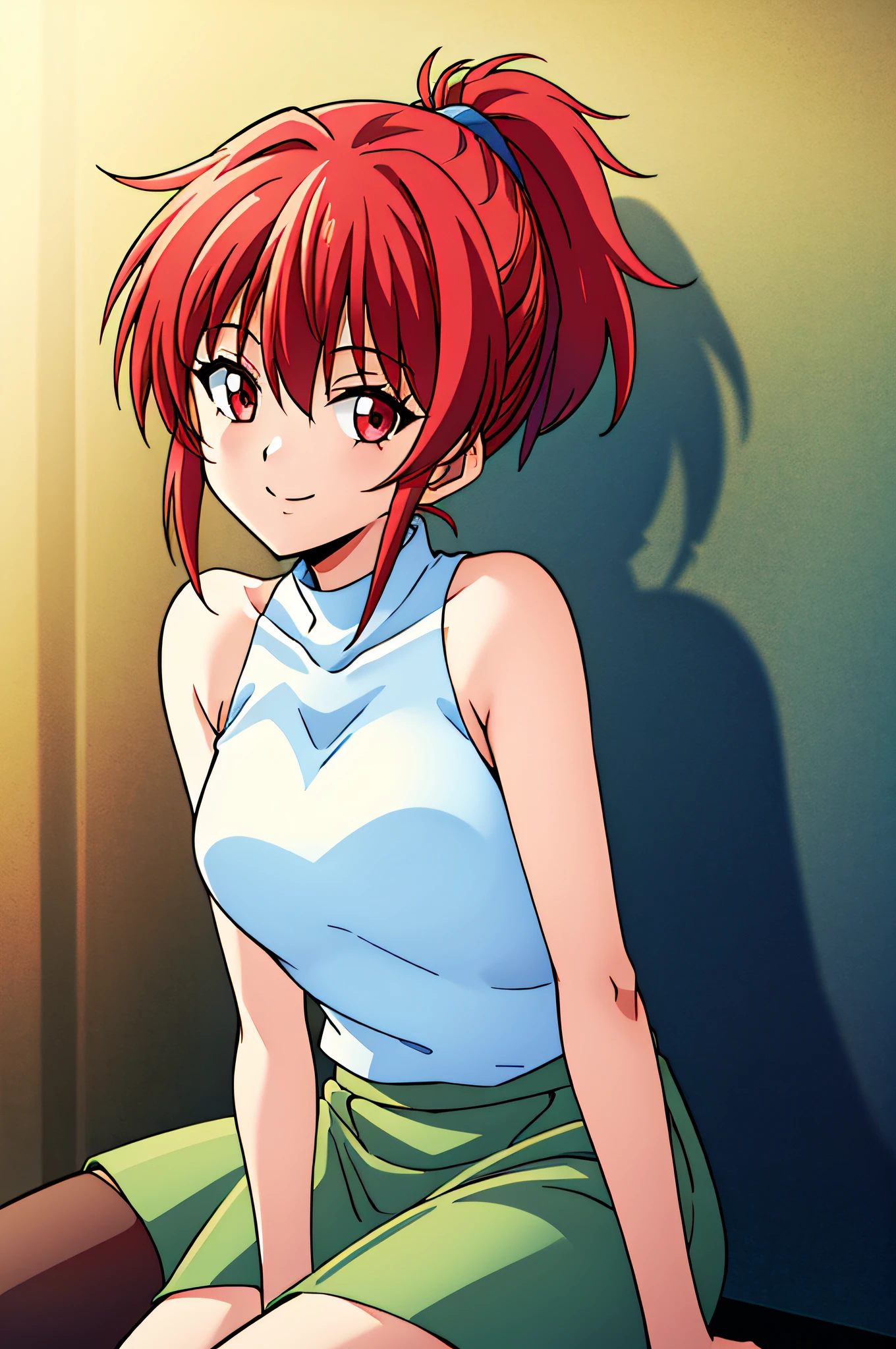 woman, white sleeveless top, angry, <lora:NIMISAO:0.8>, green skirt, knee high socks, standing, ponytail, blue hair ribbon,