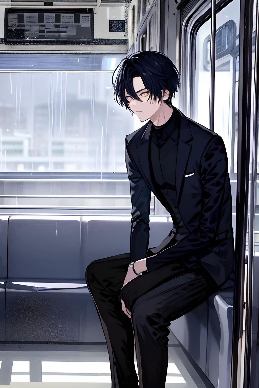 kpop boy inside a train sitting in behave manner in long black pants and black turtle neck suit, blue fade cut hair, raining, sad mood environment