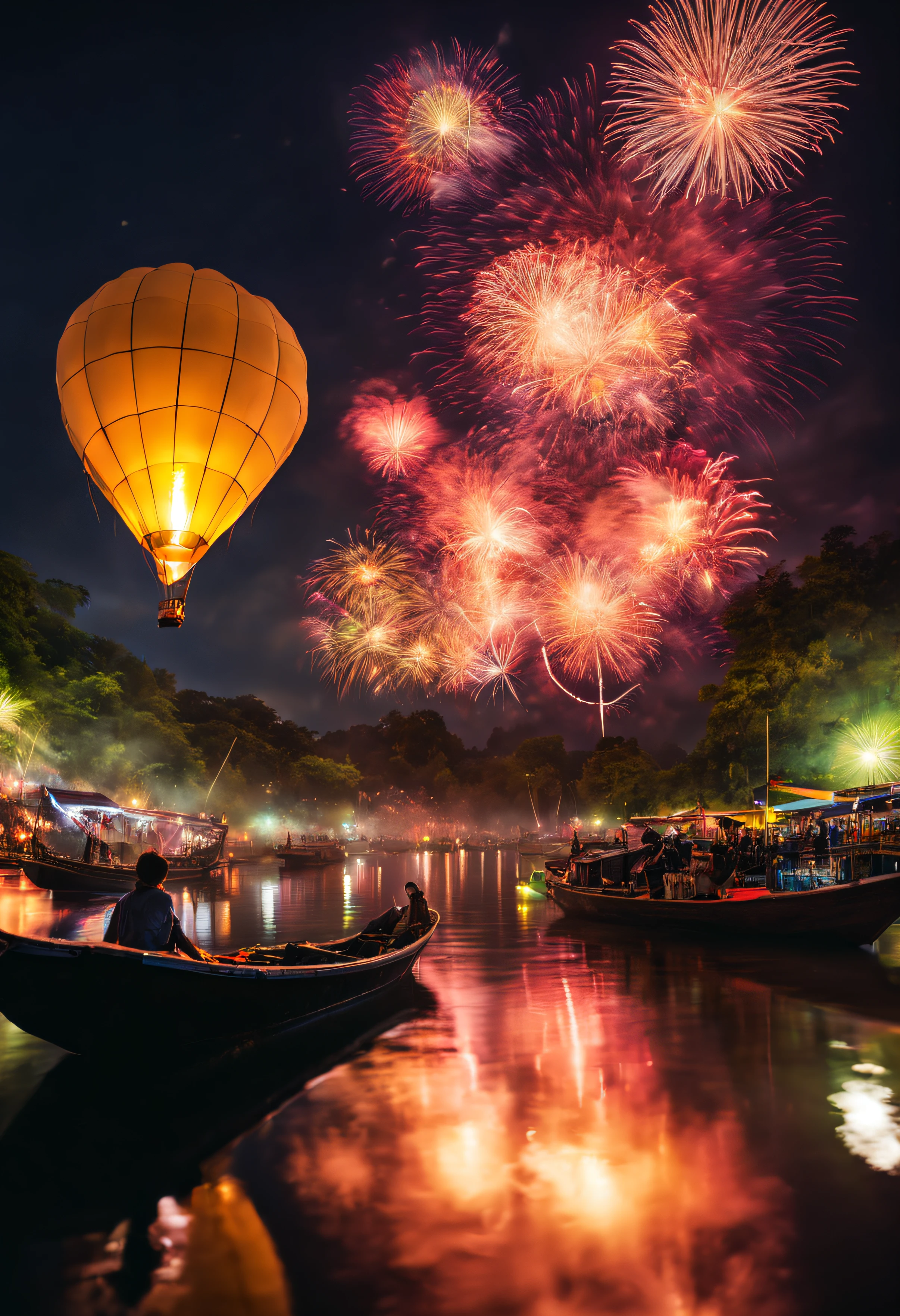 at night, khlong river in Thailand, vibrant fireworks festival, year 2510, focused on fireworks, wide-angle camera perspective, lens flare, glowing hot air balloons against the night sky, realistic depiction, warm and ethereal lighting