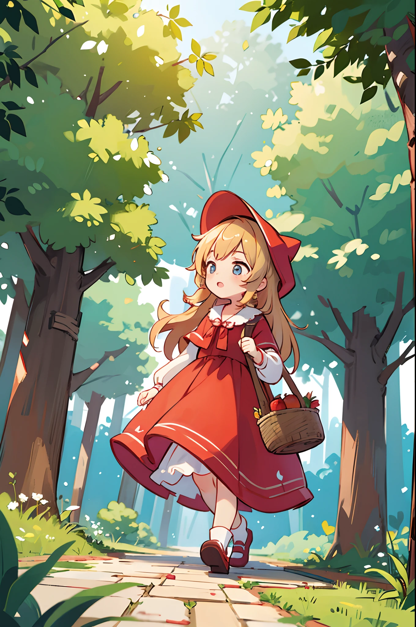 Girl dressed to go on an adventure、Dressed as Little Red Riding Hood、bustup、Walking while humming、Looks like a lot of fun、There is a basket with apple pie、Take low-angle shots