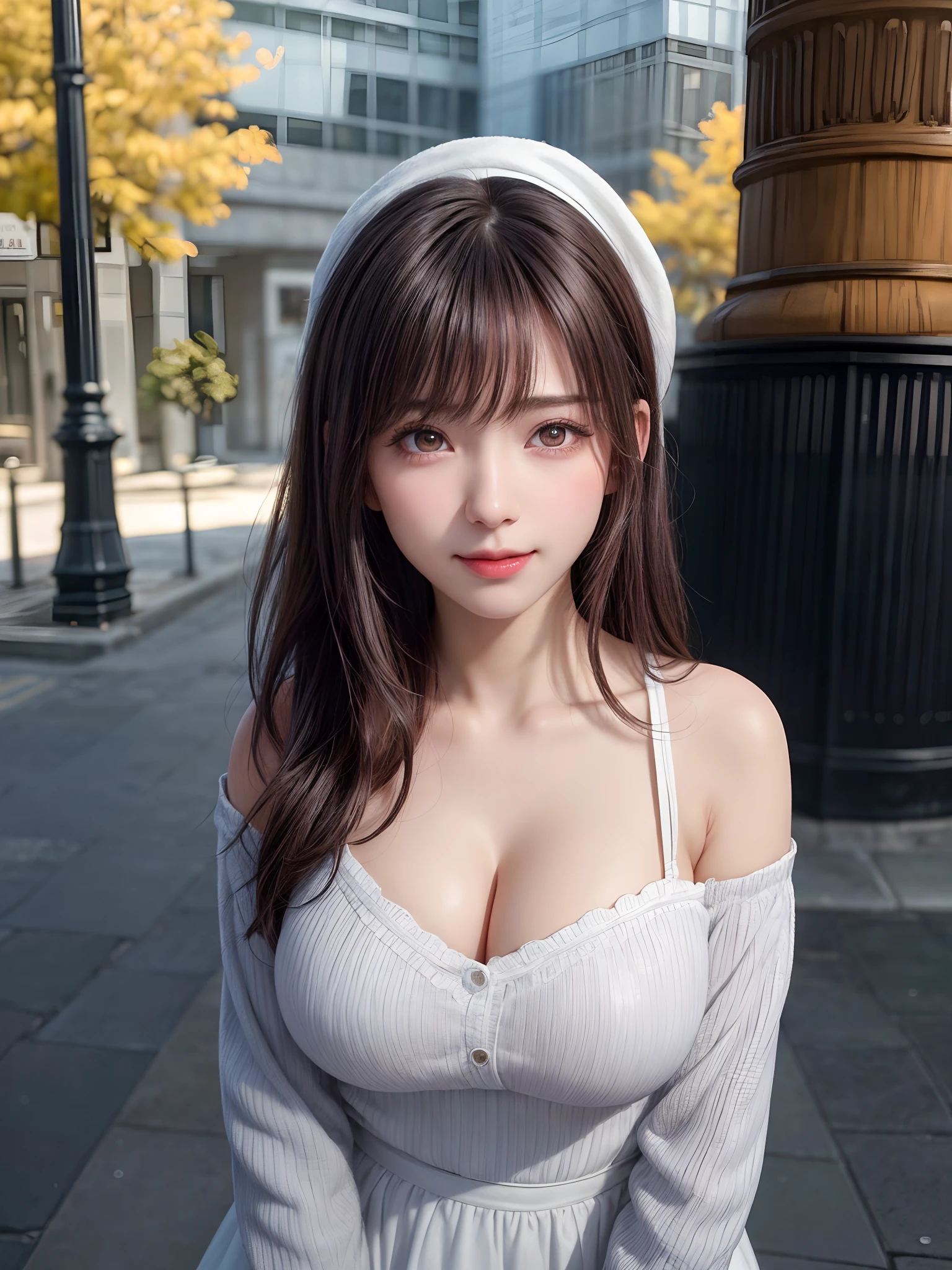 (masutepiece:1.4, top-quality:1.4、Add intense highlights to the eyes:1.4、short shiny hair:1.4 ),1girl in, 独奏, A dark-haired, scarf, Hats,, realisitic, looking at the viewers, black eyes of light color, shorth hair, coat, Winter clothes, White headscarf, s lips, lipgloss:1.4,bangss,a closed mouth, The upper part of the body、big eye、Lashes、((Street))、((Shorthair with bangs、big eye、Put very strong highlights in your students、{Gigantic|Big|Huge|Mega} breasts, cleavage、very Bigger breasts、gazing at viewer、Very beautiful beauty、Put your ears out、long neck、little smiling、Close your mouth and smile)))、Beautiful adult woman full of charm:1.4、(Autumn leaves are blue without people or cars々tree-lined street)