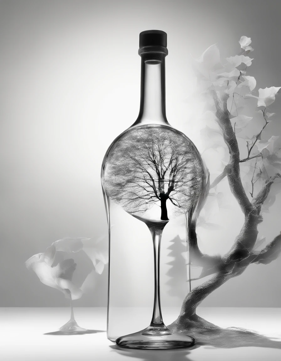 Double exposure effect:1.3) of a glass wine botle in a shape of a woman's back reflecting on a mirrow (silhouette:1.1) superimposed against a White leaves tree negative space, ultra realistic photography, 8k, 3d render, photo