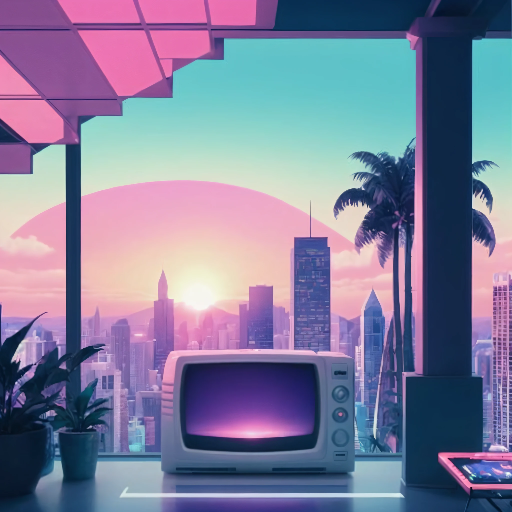 ((realistic)), VaporWaveV1, ((scanlines)), (old television), ((static)), ((pixel graphics)), computer-generated landscape, ((cga)), ((ega)), (vga), ((8 0 s)), computer, ocean, sky, loft apartment, statue, ((sunset)), clock, ((neat lines)), pool, plant, high detail, skyline in background, panoramic, Agnes Cecile, colorful, Carne Griffiths, hyper dramatic,