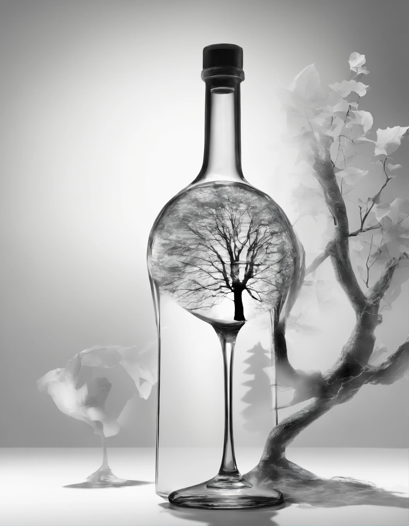 Double exposure effect:1.3) of a glass wine botle in a shape of a woman's back reflecting on a mirrow (silhouette:1.1) superimposed against a White leaves tree negative space, ultra realistic photography, 8k, 3d render, photo