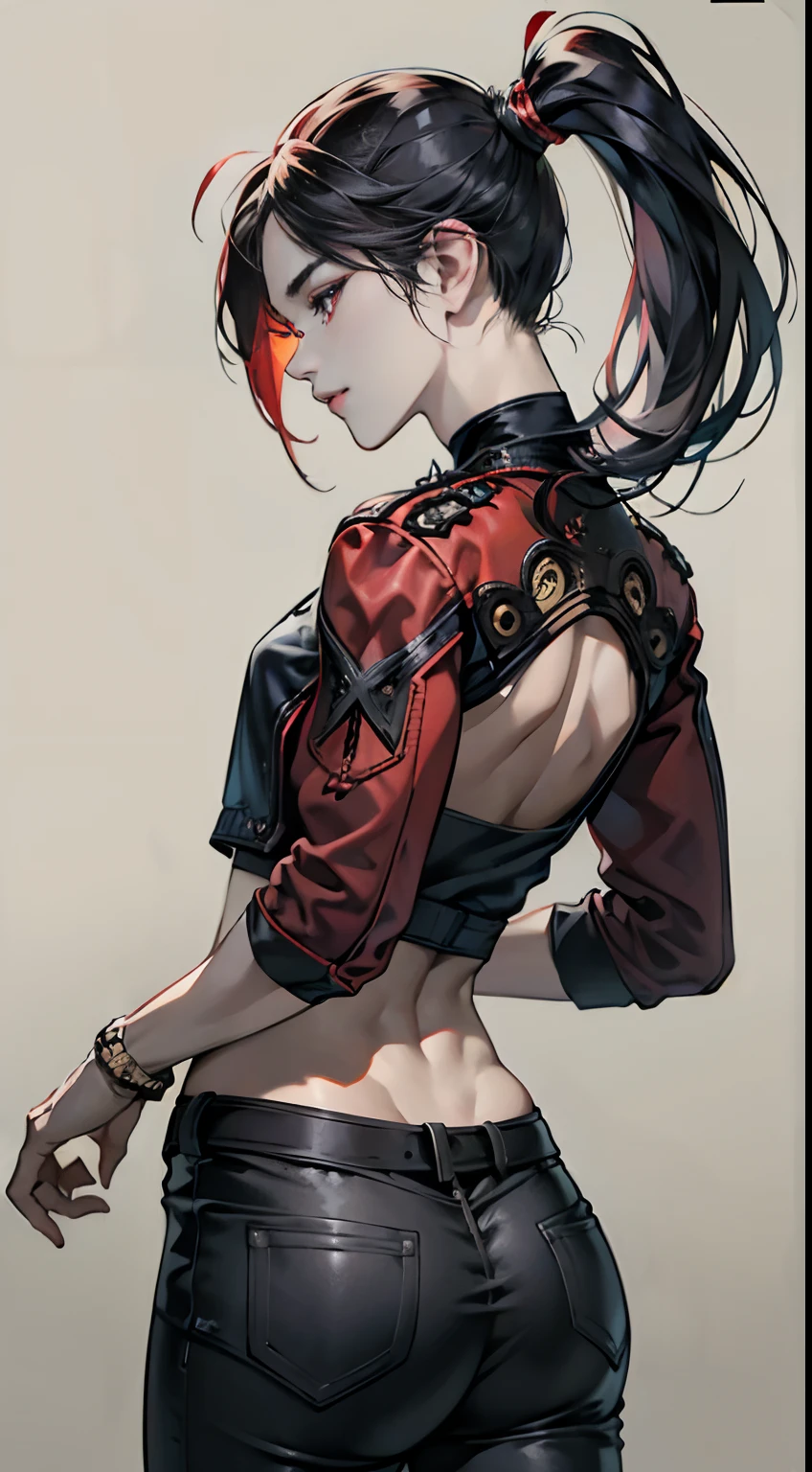 (Best Quality,4K,High resolution), 18yo woman, Red mesh hair on black hair, Glossy long straight ponytail,nape、 Innocence，、sharp eye、red eyes、small nose、eye liner、 Black and red skajans、intricately decorated、Embroidered jacket at back.、Navel Ejection、cross belt、Tight leather pants、Camera angle from the back、posterior view、Back close-up、profile、slenderbody、Comical appearance，comic strip，animesque，Deformed cute illustration、Delicately expresses realistic skin texture、Muscle texture reproduction、(Best Quality,4K,High resolution)