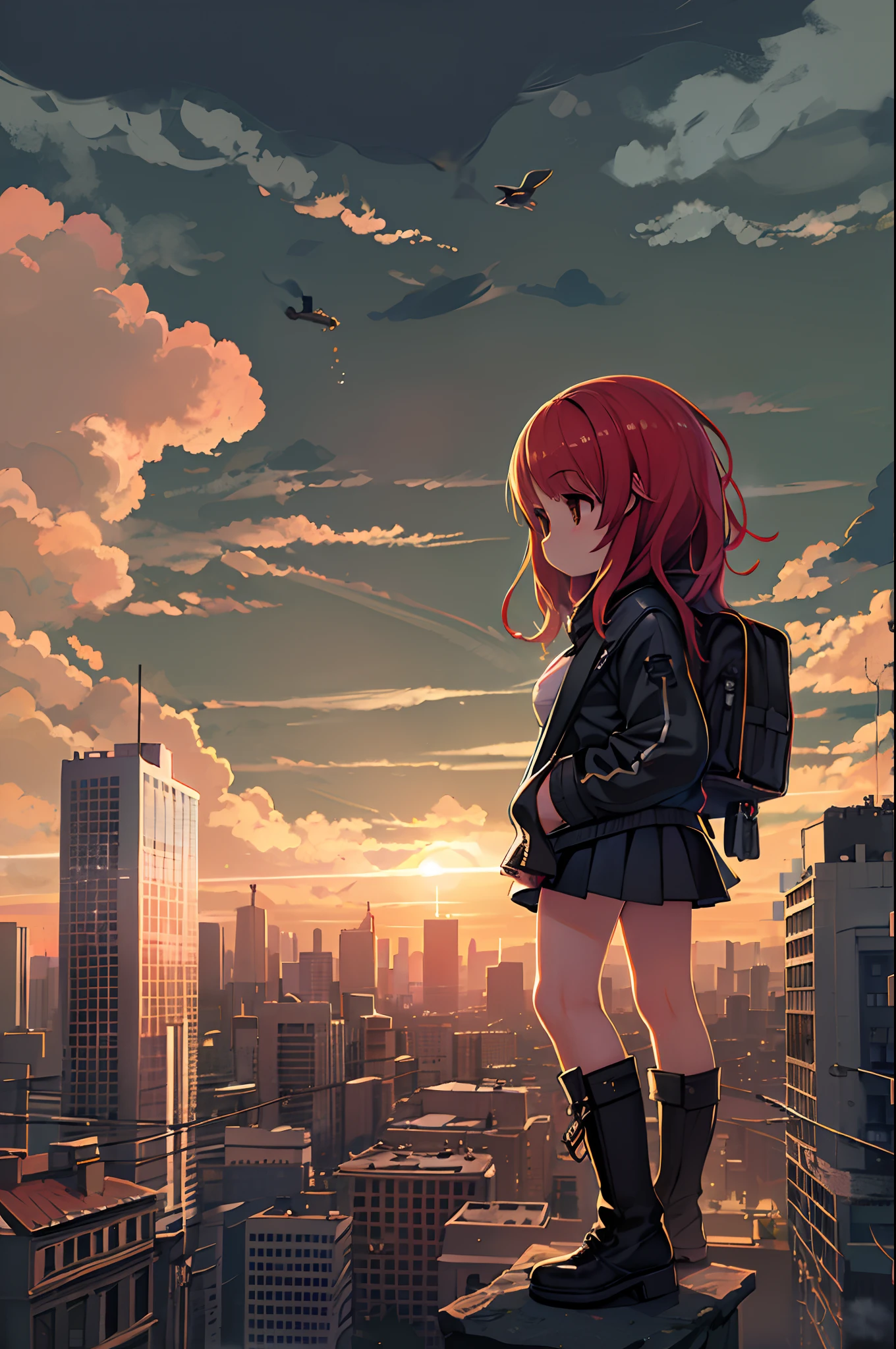 ((Best Illustration)) Brazilian girls, Red hair, Teenage body, Black top, Black tight skirt, black boots, Urban landscape, building, sky line, Sunset, Silhouette against the background of clouds, Contemplative. Lori、Young children、Chibi