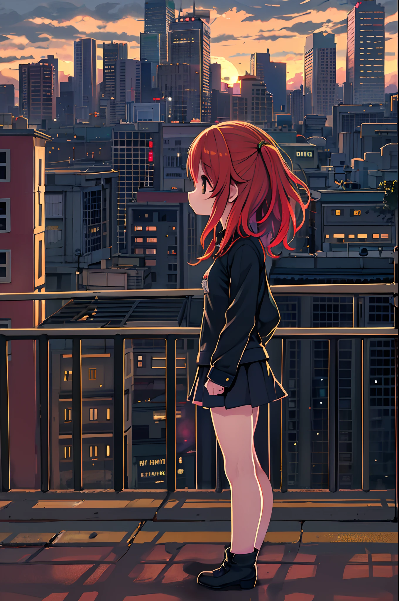 ((Best Illustration)) Brazilian girls, Red hair, Teenage body, Black top, Black tight skirt, black boots, Urban landscape, building, sky line, Sunset, Silhouette against the background of clouds, Contemplative. Lori、Young children、Chibi