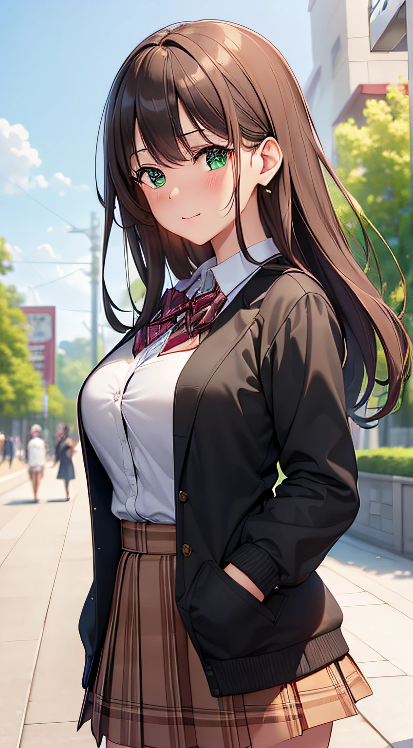 ((Masterpiece, Best quality, A high resolution, hyper HD, Perfect pixels, Depth of field, 4K, RTX, hdr))), 1girll, Single, Solo, Beautiful anime girl, Beautiful Art Style, anime figure, ((Long hair, bangs, Brown hair, Curly hair:0.8)), ((Green eyes:1.4, Rounded eyes, Beautiful eyelashes, Realistic eyes)), ((Detailed face, Blushing:1.2)), ((Smooth texture:0.75, Realistic texture:0.65, Photorealistic:1.1, Anime CG style)), huge tit, Dynamic Angle, Perfect body, ((Portrait, angle of view)), ((red bowtie, school uniform, Black jacket, Open jacket, Brown cardigan, White shirt, Black skirt, plaid skirts)), Smile, An amusement park