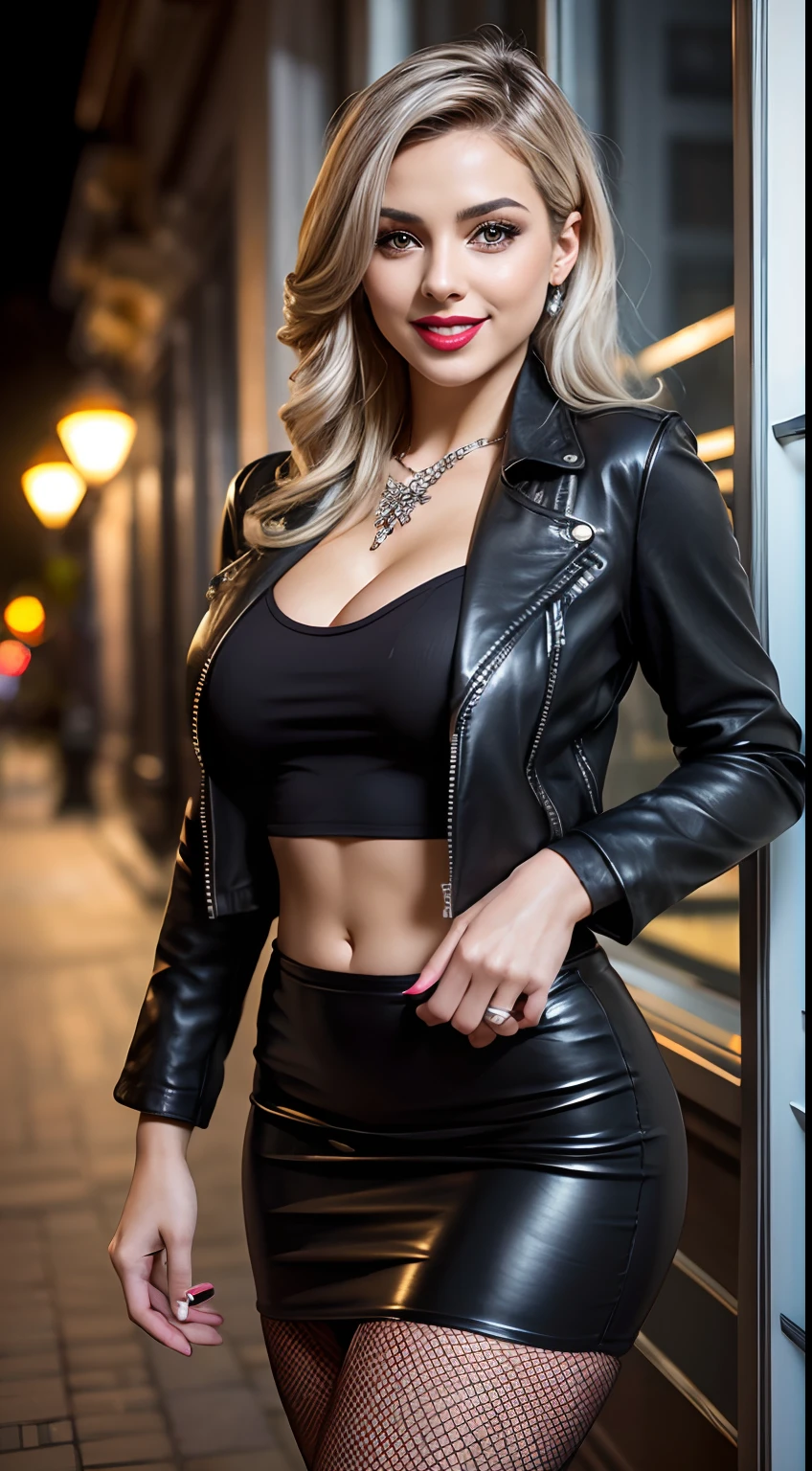 (masutepiece, Best Quality), Beautiful woman with silver hair, Photorealsitic, Detailed leather jacket, pencil skirts, open-shirt, Long skirt made of leather, （Lace underwear）, high-heels, fishnet tights, a necklace, Wavy Hair, Perfect face, Beautiful face, enticing, big gorgeous eyes, I have my mouth wide open, makeup, red-lips, seducting smile, Happy, Voluptuous body, seducting smile, Glamorous body, (plein air), suggestive pose, nightcity, Bright colors,