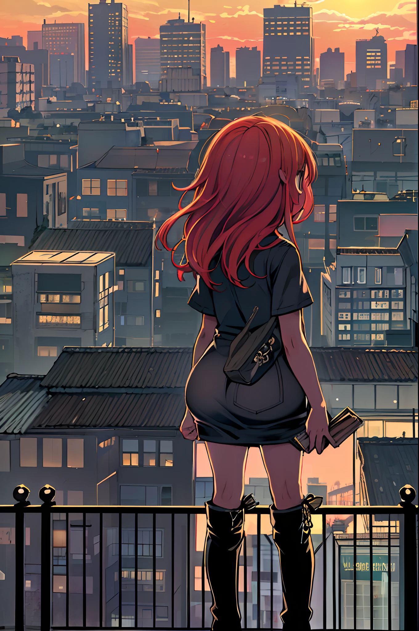 ((Best Illustration)) Brazilian girls, Red hair, Teenage body, Black top, Black tight skirt, black boots, Urban landscape, building, sky line, Sunset, Silhouette against the background of clouds, Contemplative. Lori、Young children、Chibi