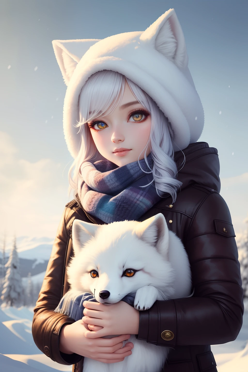 style-nebmagic, Portrait of a round fluffy cute little arctic fox with scarf by Style-SylvaMagic in the snow, author：Ismail Inceoglu, Gazeli, James Jean, Anton Fadeyev and Yoshitaka Amano, insanely details, 8K resolution, Digital art, trending on artstationh, vivd colour, chibiStyle, A masterpiece, Lovely Friendly Lovely