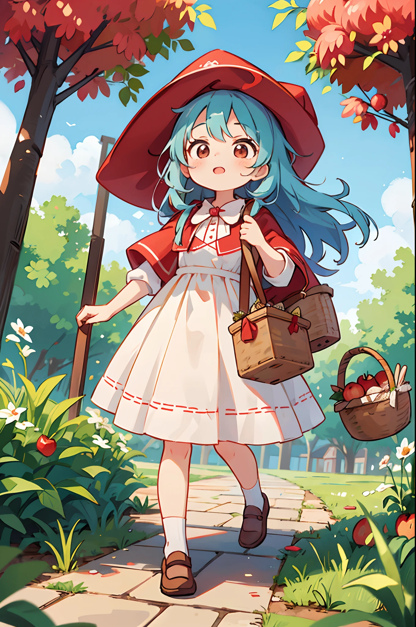 Girl dressed to go on an adventure、Dressed as Little Red Riding Hood、bustup、Walking while humming、Looks like a lot of fun、There is a basket with apple pie、Take low-angle shots
