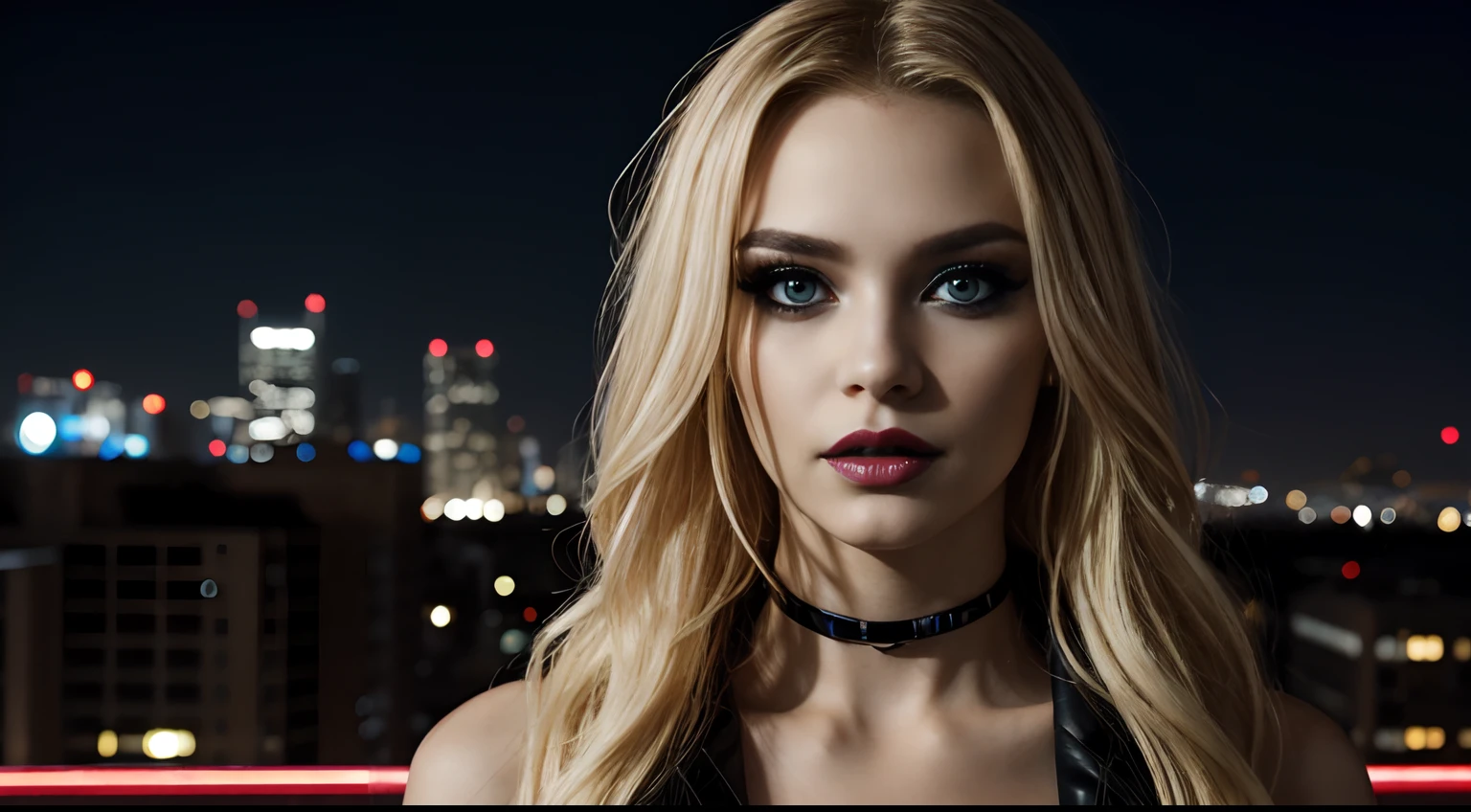 beautiful young cyborg woman with long flowing blonde hair with a cyberpunk urban background, high detail face, beautiful eyes, sensual lips, serious expression on her face, ((looking directly at viewer)), smoky eye make-up, black lipstick, vampire