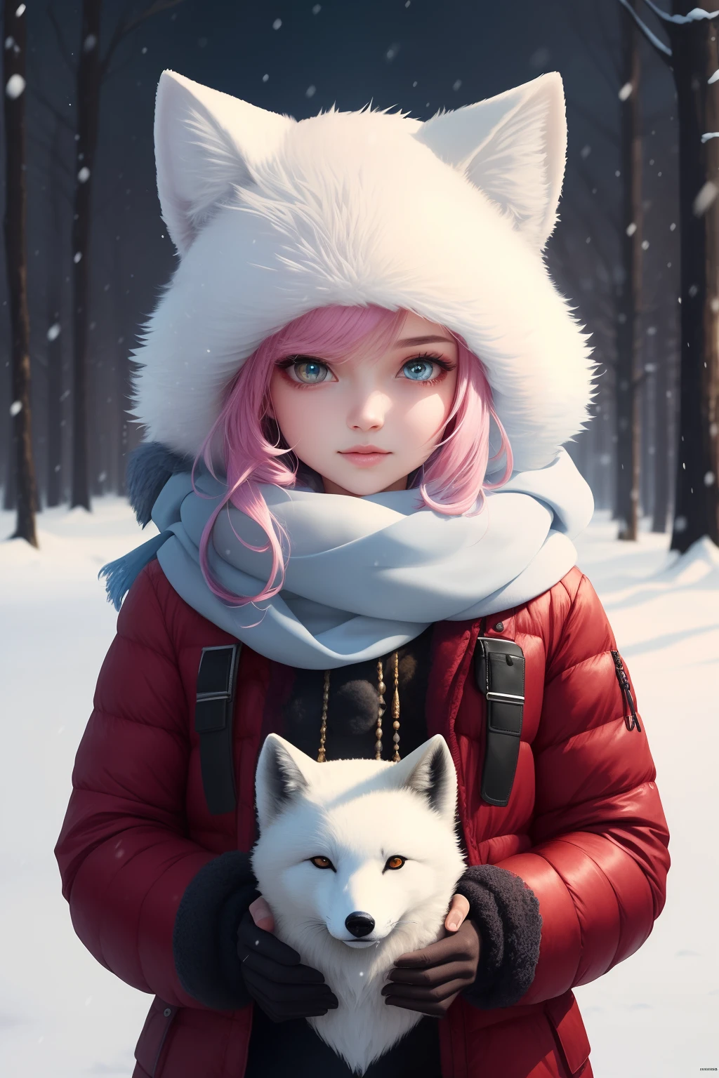 style-nebmagic, Portrait of a round fluffy cute little arctic fox with scarf by Style-SylvaMagic in the snow, author：Ismail Inceoglu, Gazeli, James Jean, Anton Fadeyev and Yoshitaka Amano, insanely details, 8K resolution, Digital art, trending on artstationh, vivd colour, chibiStyle, A masterpiece, Lovely Friendly Lovely