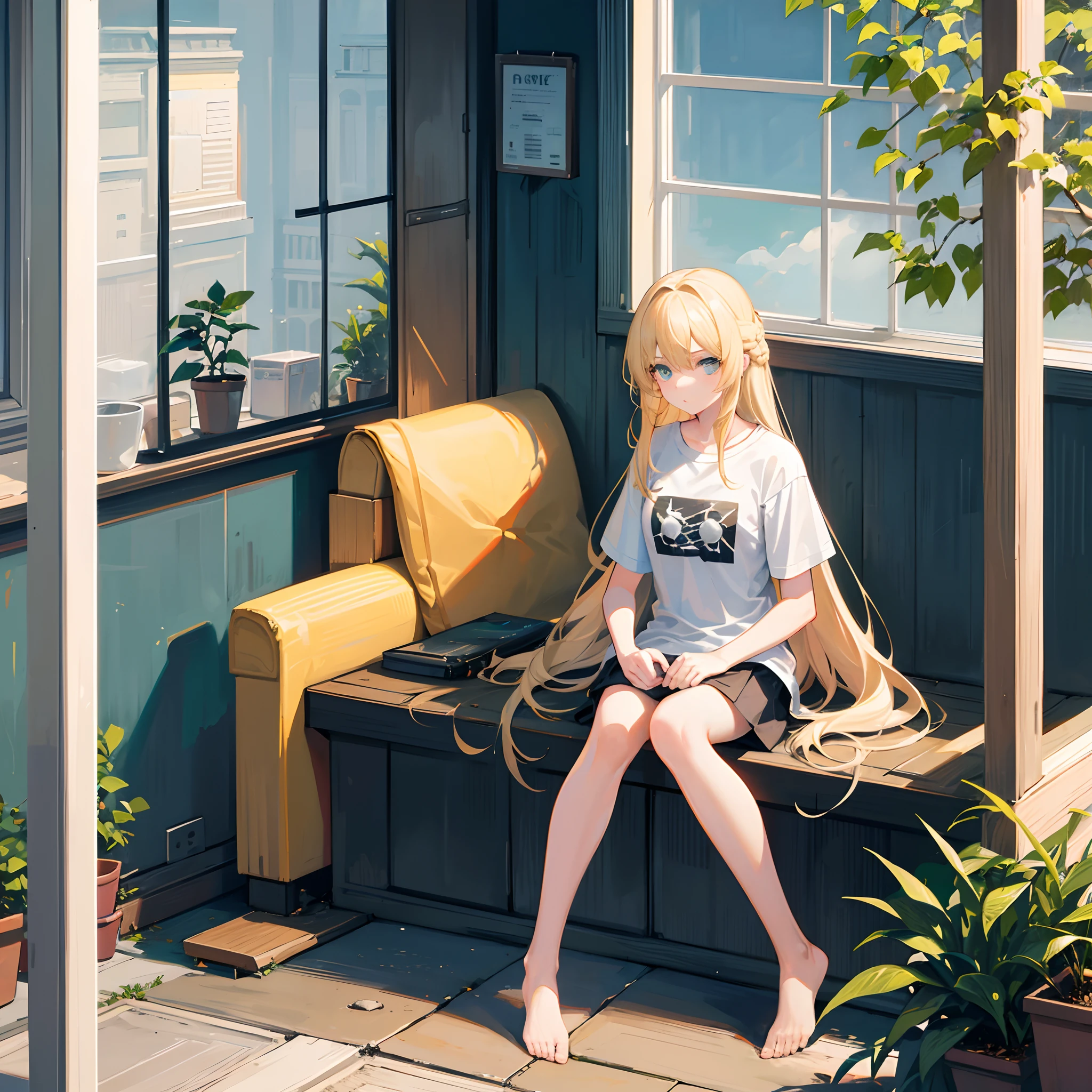 18-year-old blonde girl, Turquoise eyes, long-haired,Braid left and right, Wear a T-shirt.,Knee-length white, sitting by the window.......With irritability....