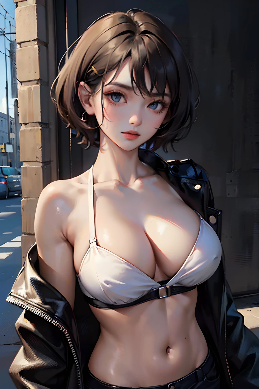 (best quality,4k,8k,highres,masterpiece:1.2),ultra-detailed, 1 women, handsome, black short hair, crop jacket, black bra, black short, muscular, six packs, large breasts, looking at viewer