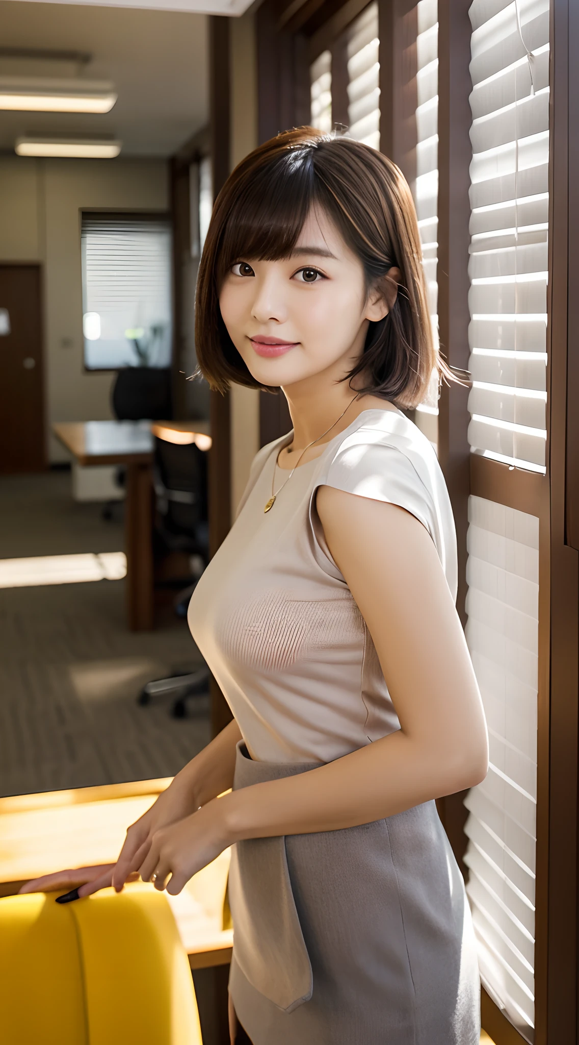 ((masterpiece))、((highest quality))、photograph、reality、High resolution、Very detailed、Married women、30th generation、Delicate features、short hair、Realistic background and accessories、Big and ample breasts、Sexy smile、restaurant、Walk around the store、expensive、((A tight navy blouse that accentuates the softness of the chest))、Knit skirt、Indirect lighting only、Deep Shadow、Look to the side、Wide angle、Heavy, saggy, soft breasts、