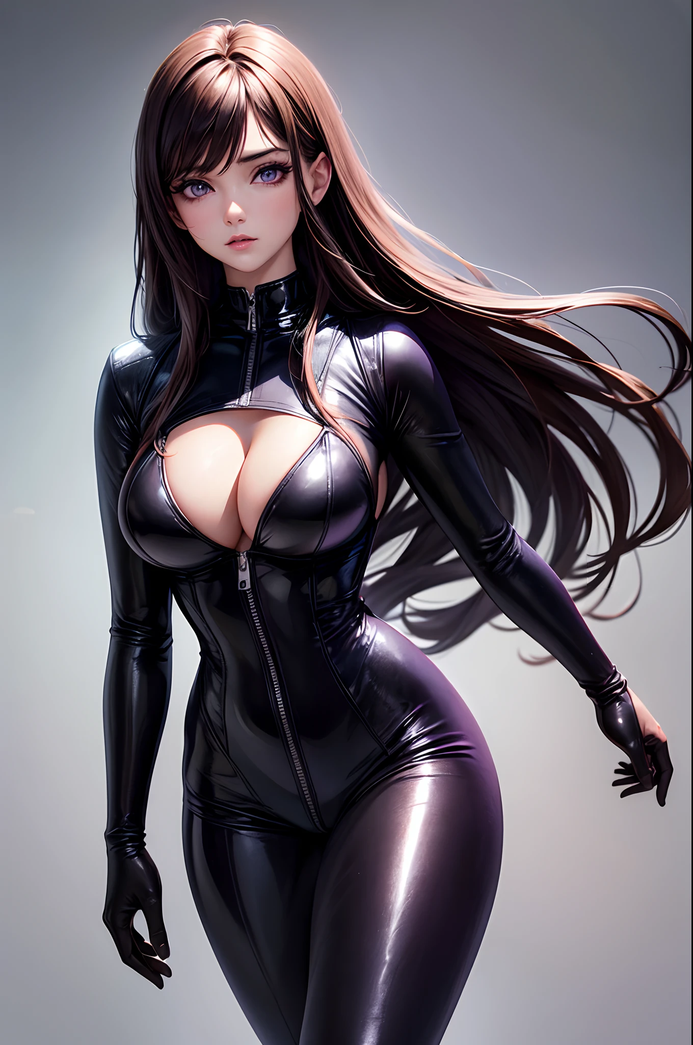 (masterpiece:1.2, best quality:1.2, beautiful, high quality, highres:1.1, aesthetic), detailed, extremely detailed, ambient soft lighting, 4K, perfect eyes, detailed eyes, perfect face, perfect lighting, adult woman, 30 year old woman, full body illustration, long hair, dark brown hair, ample brest, whide hips, purple eyes, long eyelashes, full body view, black leather body suit, tight body suit, cleavage