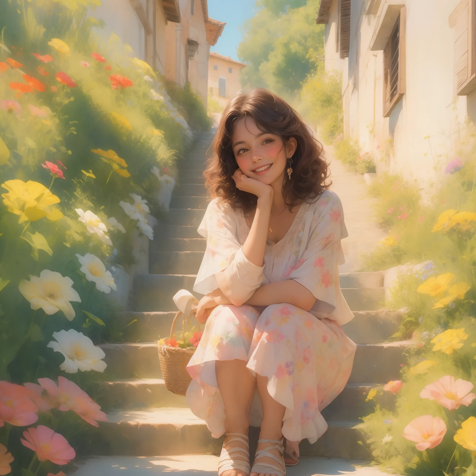 Watercolor painting of 40 year old Italian Woman sitting on stairs in Italian villa, summer, potted flowers around her, floral dress, dark hair, curly hair, light brown hair, bleeding colors, beautiful face, Masterpiece, best quality, cowboy shot, (elbows on her knees smiling), watercolor, holding basket, (perfect hands)