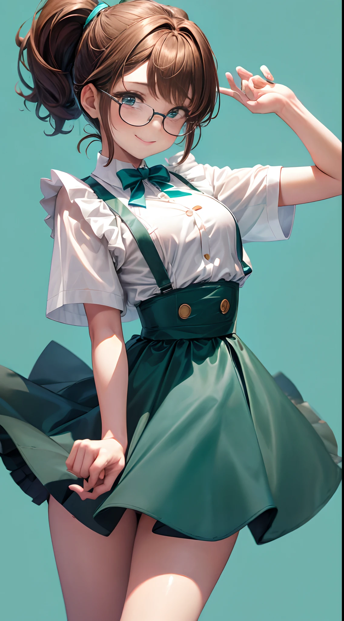 1womanl,ar old,wn hair,Beautiful ponytail hairstyle, (Teal High Waist Skirt:1.3),, (whiteshirt:1.3), (double-breasted,Underbust:1.2), Short sleeves, buttonGap,A smile,small tits,Frameless glasses,