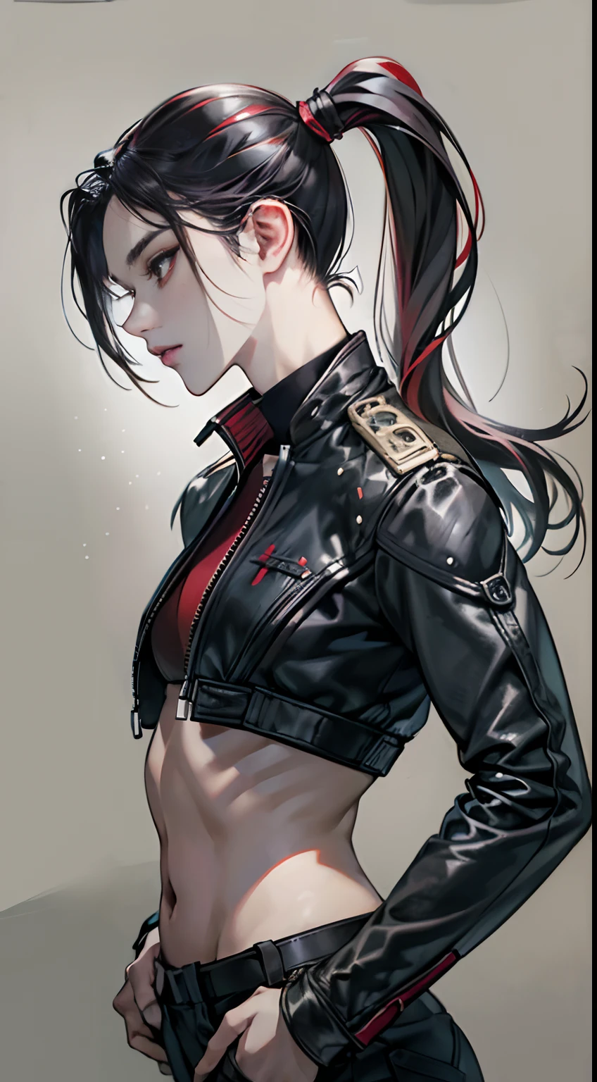 (Best Quality,4K,High resolution), 18yo woman, Red mesh hair on black hair, Glossy long straight ponytail,nape、 Innocence，、sharp eye、red eyes、Staring at me、small nose、eye liner、 Black and red skajans、Intricately decorated jacket.、Navel Ejection、cross belt、Tight leather pants、Close-up of facial expressions、Facial do-up、profile、slenderbody、Comical appearance，comic strip，animesque，Deformed cute illustration、Delicately expresses realistic skin texture、Muscle texture reproduction、(Best Quality,4K,High resolution)