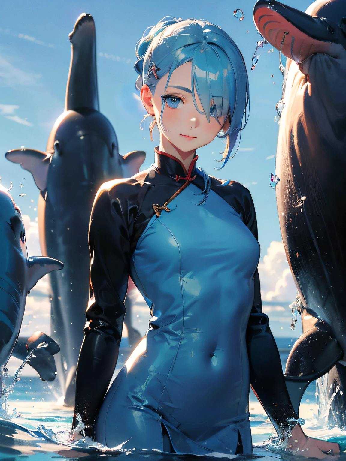 a girl , Light Cyan Hair , (hi-top fade:1.3) , dark themed , Muted Tones , Subdued Color , highly contrast , (natural skin textures , Hyper-Realism , Soft light , sharp) , ((Sky Blue Aodai)) , ((secondary color of Aodai : Water Blue)) , ((shoulder-length hair)) , ponytail , flower shaped hair clip Star Command Blue color ,(hair covers one eye) , shy expression , focus on the face , opposite shot , full head,smile charmingly, (bright Cetacean Blue eyes:1.5) , shy , pursed lips