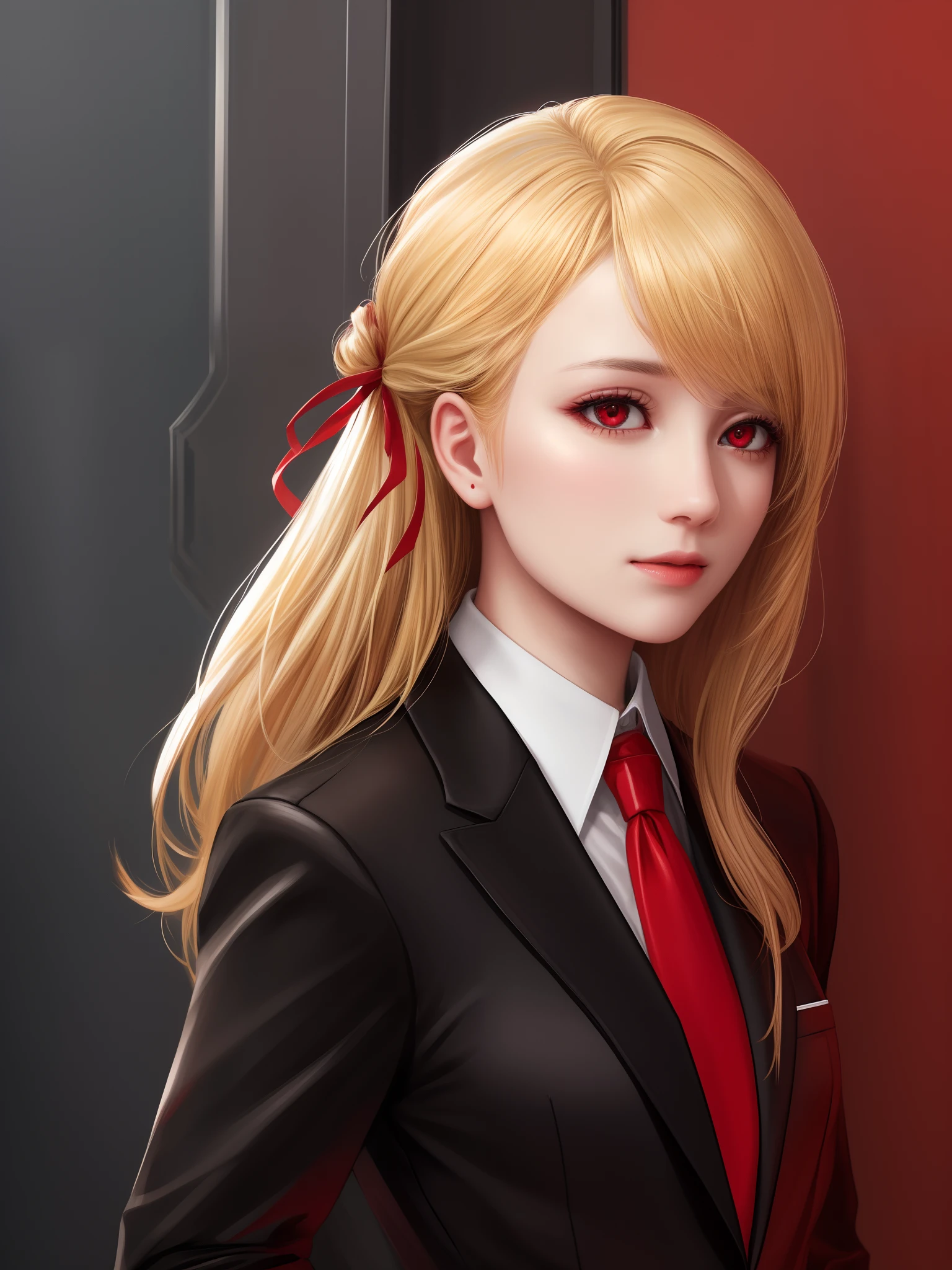 realistic, photo, high quality, female, blonde hair, red eyes, white collar shirt, black neck tie, black suit, red ribbon,