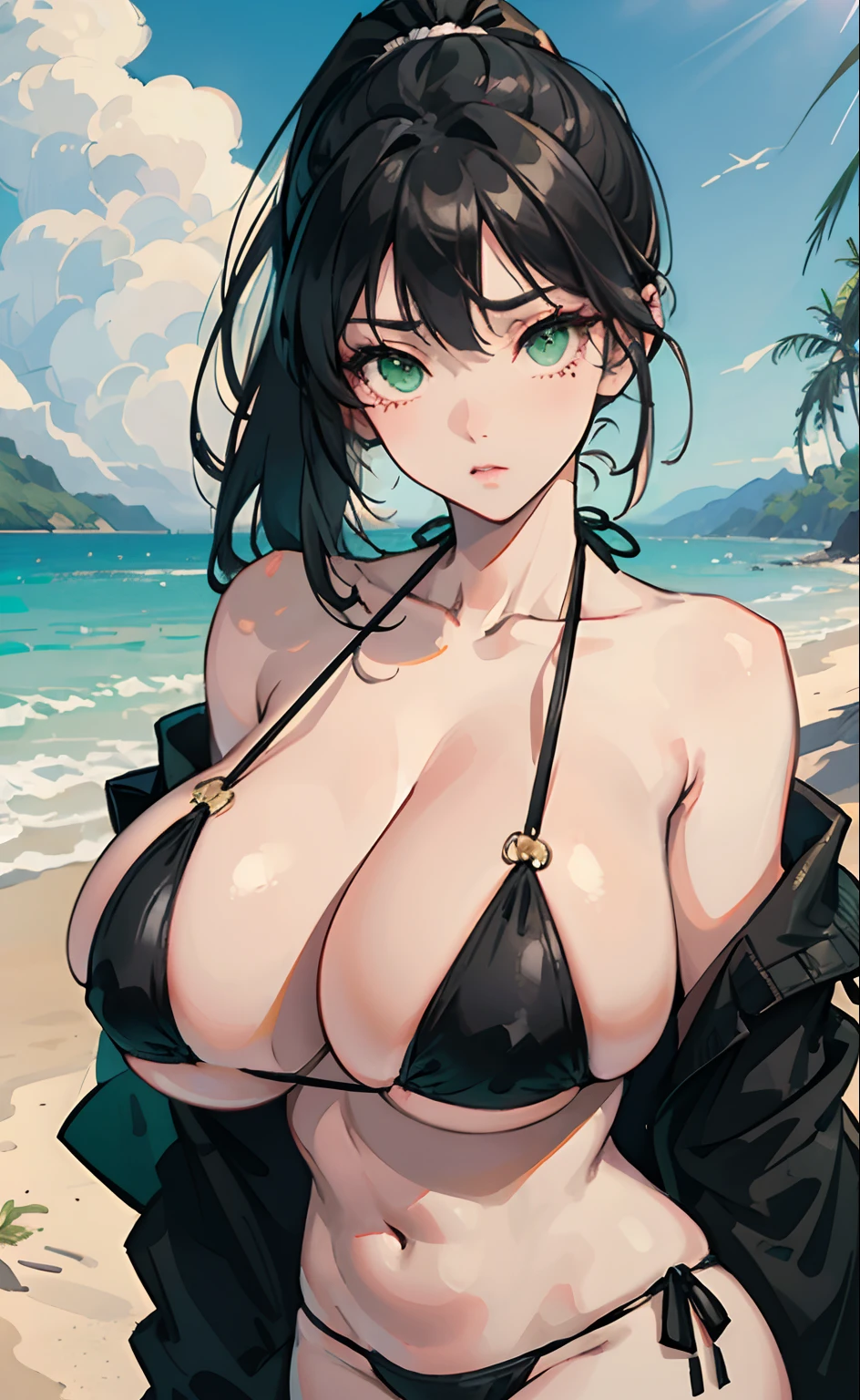 (masterpiece), best quality, expressive eyes, perfect face, green eyes, black hair pony tail, big boobs, massive boobs, giant tits, sexy black bikini, beach