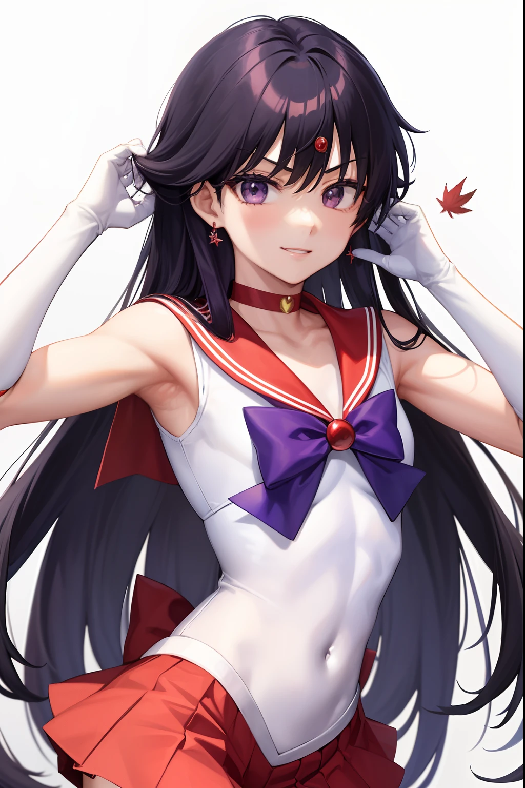 Sailor Mars、Anime Boy、Cool anime boys、gender change、gender change(Girls to boys)、Sailor Senshi Uniform、Rei Hino、solo、Red sailor collar、Blue bow tie、autumn_leaves、Boy with very long black hair、rating:safe、Flames around him、Magical Boy、a red choker、White leotard、robe blanche, maple_leaf, traditional_media、autumn、leaf、marker_(medium)、neck、upper_body、elbowgloves、makeup、jewelry、circlet、looking_at_viewer、white glove、eyeslashes、lips、smile、Red mini skirt、collarbone、Bare shoulders、bangs、耳Nipple Ring、Boy with Purple Eyes、Boy with Black Eyes、multicolored_background、covered_navel、