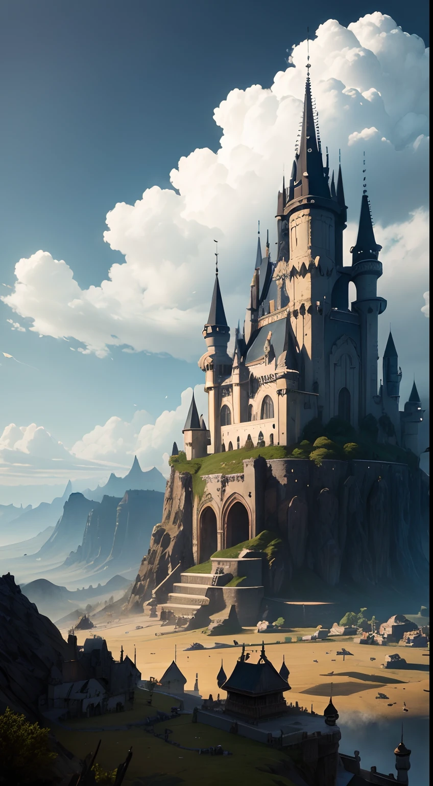 A very majestic kingdom, eerie skies, birds, wind, clouds, settlements, extremely detailed