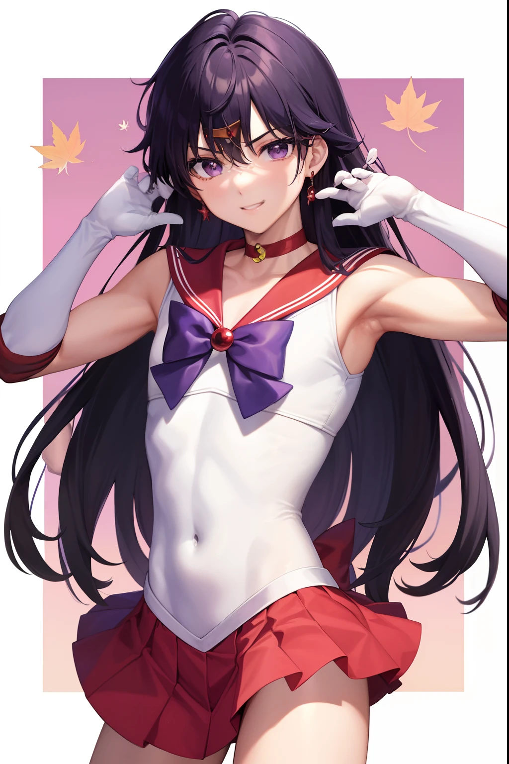 Sailor Mars、Anime Boy、Cool anime boys、gender change、gender change(Girls to boys)、Sailor Senshi Uniform、Rei Hino、solo、Red sailor collar、Blue bow tie、autumn_leaves、Boy with very long black hair、rating:safe、Flames around him、Magical Boy、a red choker、White leotard、robe blanche, maple_leaf, traditional_media、autumn、leaf、marker_(medium)、neck、upper_body、elbowgloves、makeup、jewelry、circlet、looking_at_viewer、white glove、eyeslashes、lips、smile、Red mini skirt、collarbone、Bare shoulders、bangs、耳Nipple Ring、Boy with Purple Eyes、Boy with Black Eyes、multicolored_background、covered_navel、