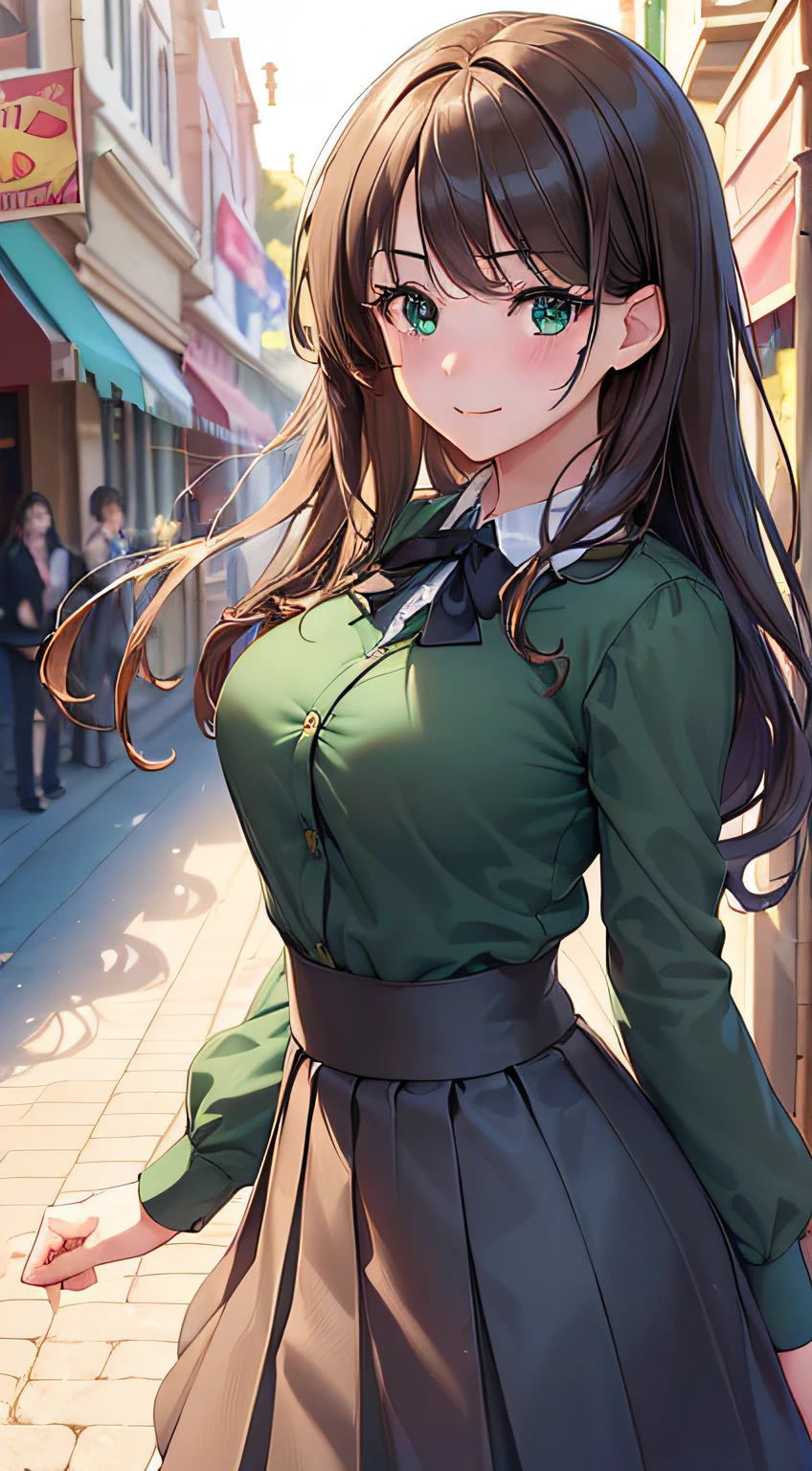 ((Masterpiece, Best quality, A high resolution, hyper HD, Perfect pixels, Depth of field, 4K, RTX, hdr))), 1girll, Single, Solo, Beautiful anime girl, Beautiful Art Style, anime figure, ((Long hair, bangs, Brown hair, Curly hair:0.8)), ((Green eyes:1.4, Rounded eyes, Beautiful eyelashes, Realistic eyes)), ((Detailed face, Blushing:1.2)), ((Smooth texture:0.75, Realistic texture:0.65, Photorealistic:1.1, Anime CG style)), Medium breasts, Dynamic Angle, Perfect body, ((Portrait, angle of view)), ((Black stepmother skirt)), Smile, An amusement park