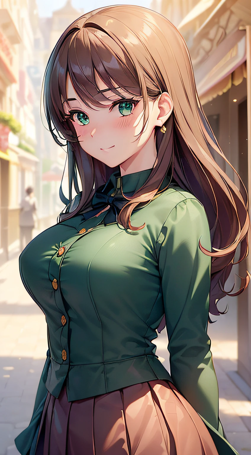 ((Masterpiece, Best quality, A high resolution, hyper HD, Perfect pixels, Depth of field, 4K, RTX, hdr))), 1girll, Single, Solo, Beautiful anime girl, Beautiful Art Style, anime figure, ((Long hair, bangs, Brown hair, Curly hair:0.8)), ((Green eyes:1.4, Rounded eyes, Beautiful eyelashes, Realistic eyes)), ((Detailed face, Blushing:1.2)), ((Smooth texture:0.75, Realistic texture:0.65, Photorealistic:1.1, Anime CG style)), Medium breasts, Dynamic Angle, Perfect body, ((Portrait, angle of view)), ((Black stepmother skirt)), Smile, An amusement park